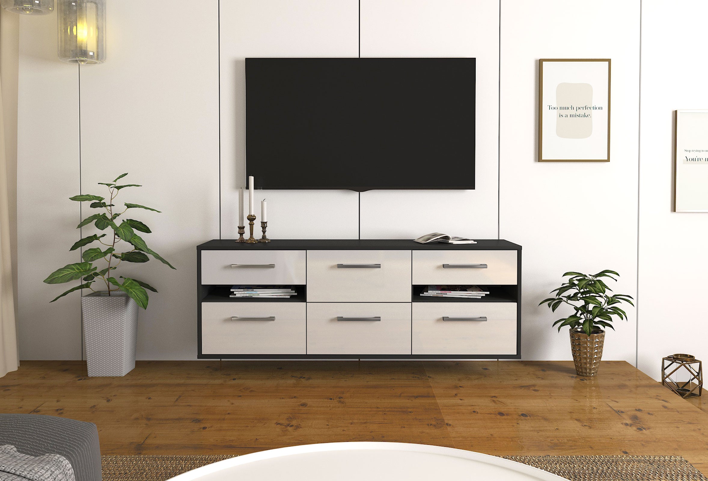 Lowboard - Andrea - Design Hochglanz - Wandmontage mit Griffe 136 cm Anthrazit