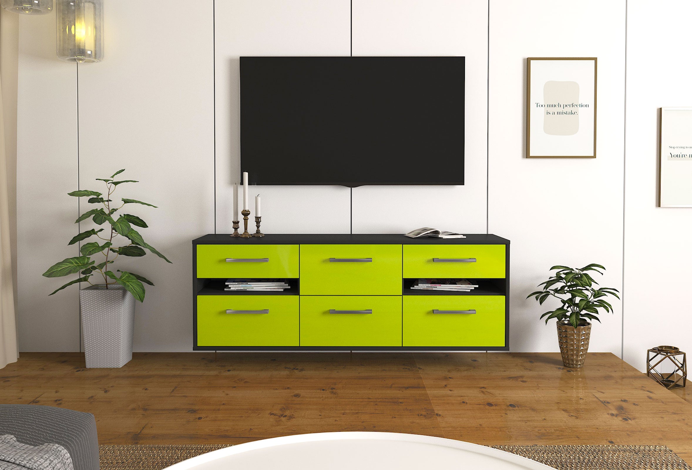 Lowboard - Andrea - Design Hochglanz - Wandmontage mit Griffe 136 cm Anthrazit