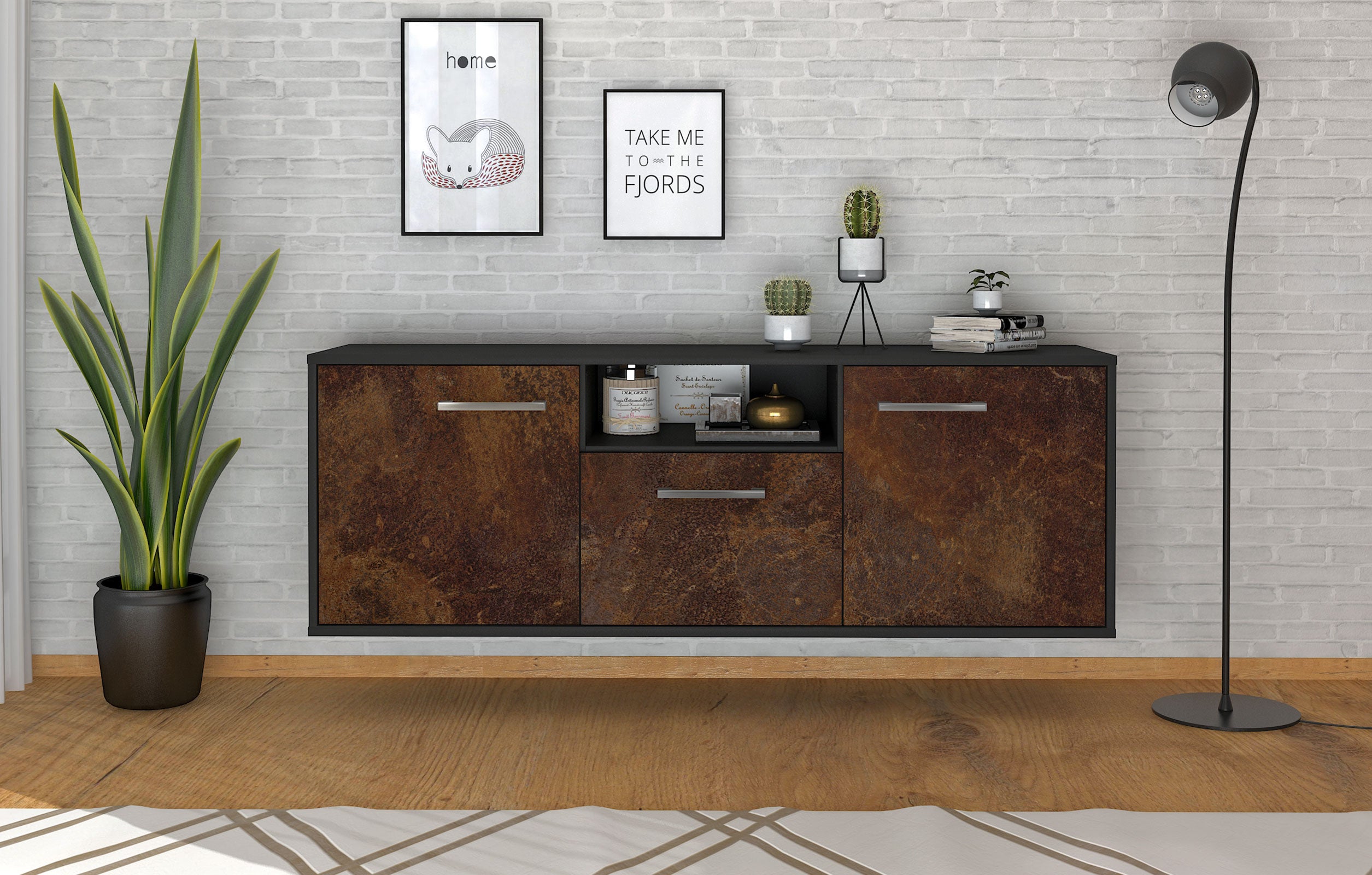 Lowboard - Andreana - Design Industrie Stil - Wandmontage mit Griffe 136 cm Anthrazit