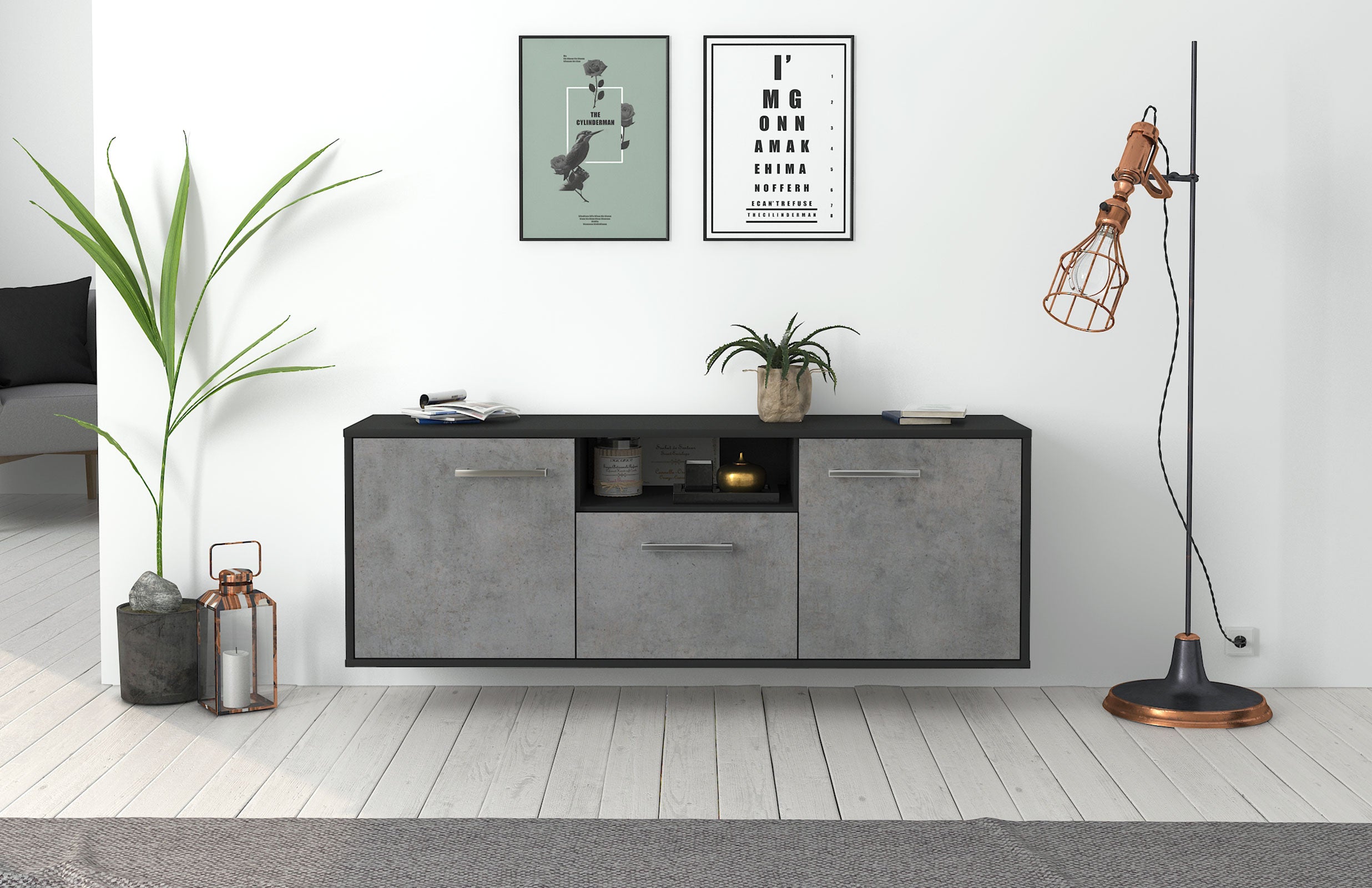 Lowboard - Andreana - Design Industrie Stil - Wandmontage mit Griffe 136 cm Anthrazit
