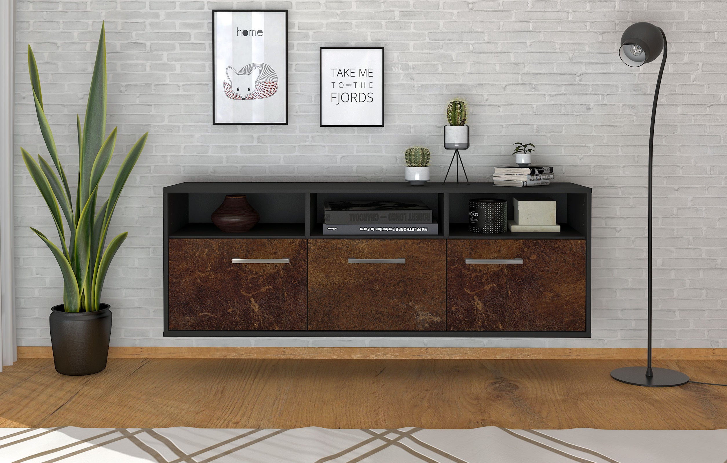 Lowboard - Andrina - Design Industrie Stil - Wandmontage mit Griffe 136 cm Anthrazit