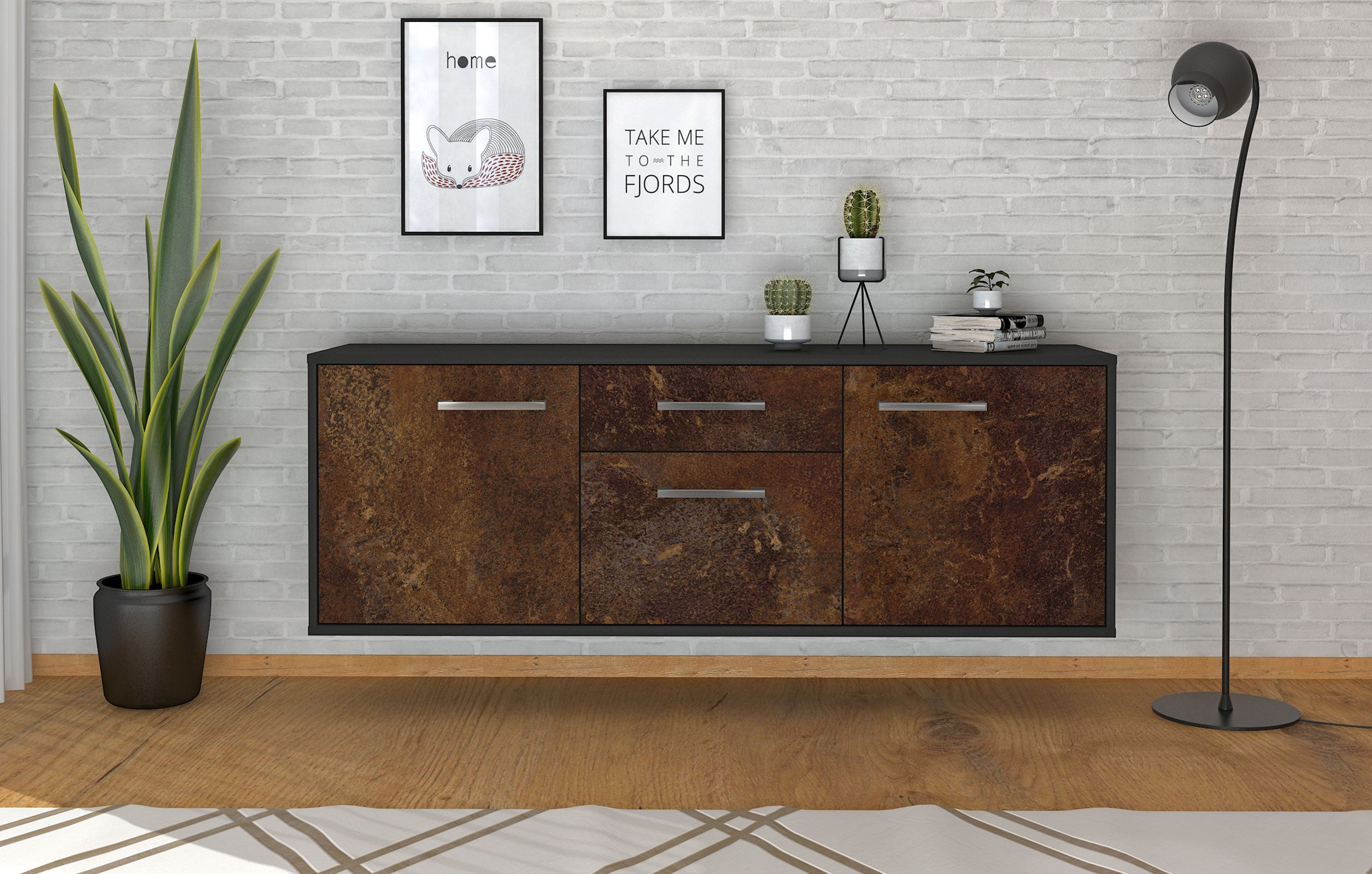 Lowboard - Anella - Design Industrie Stil - Wandmontage mit Griffe 136 cm Anthrazit