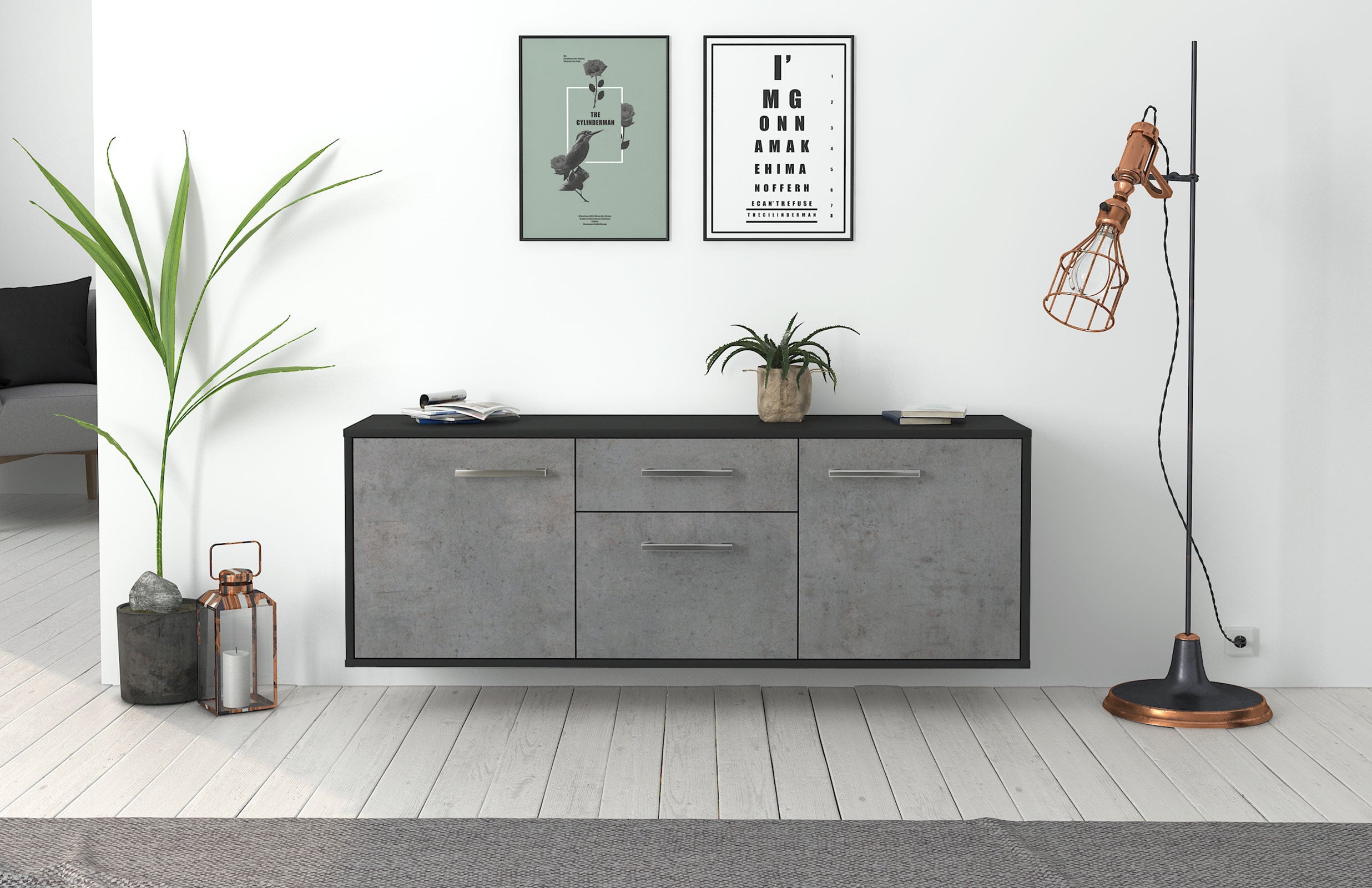 Lowboard - Anella - Design Industrie Stil - Wandmontage mit Griffe 136 cm Anthrazit