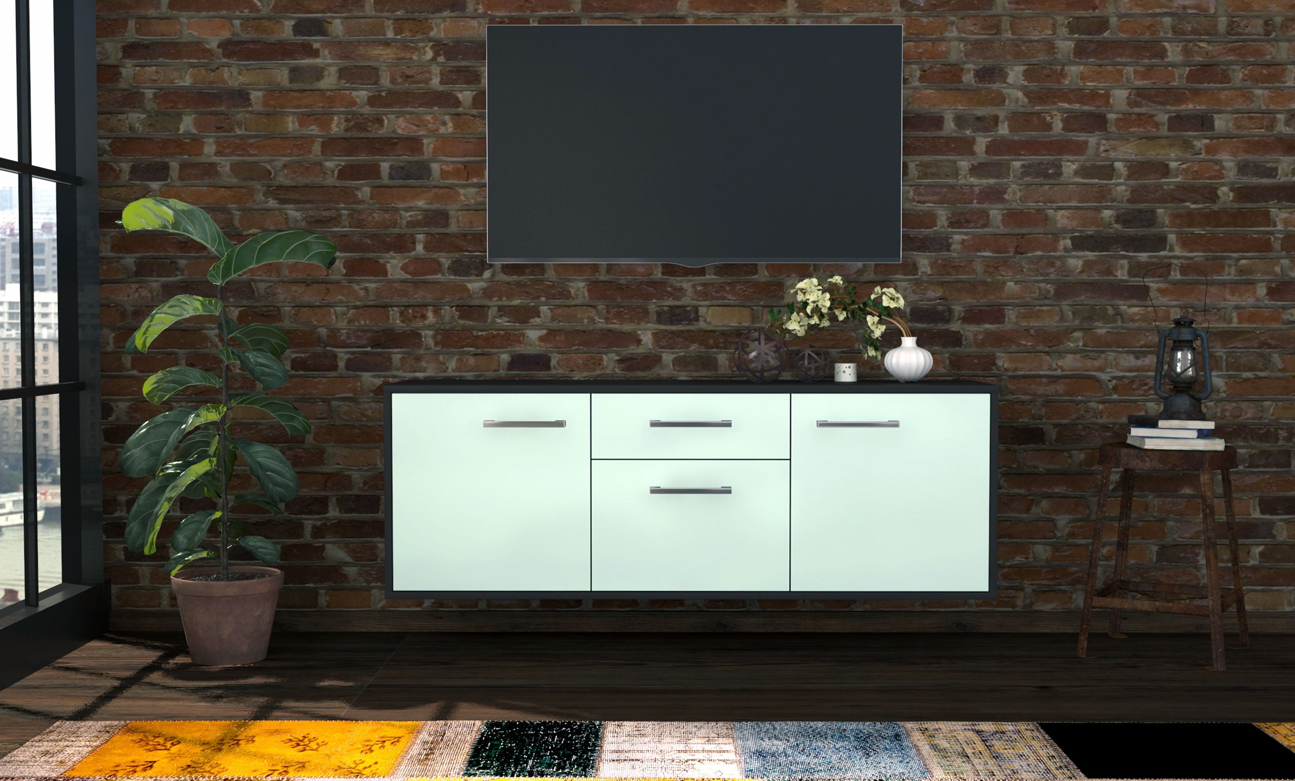 Lowboard - Anella - Design Farbakzent - Wandmontage mit Griffe 136 cm Anthrazit