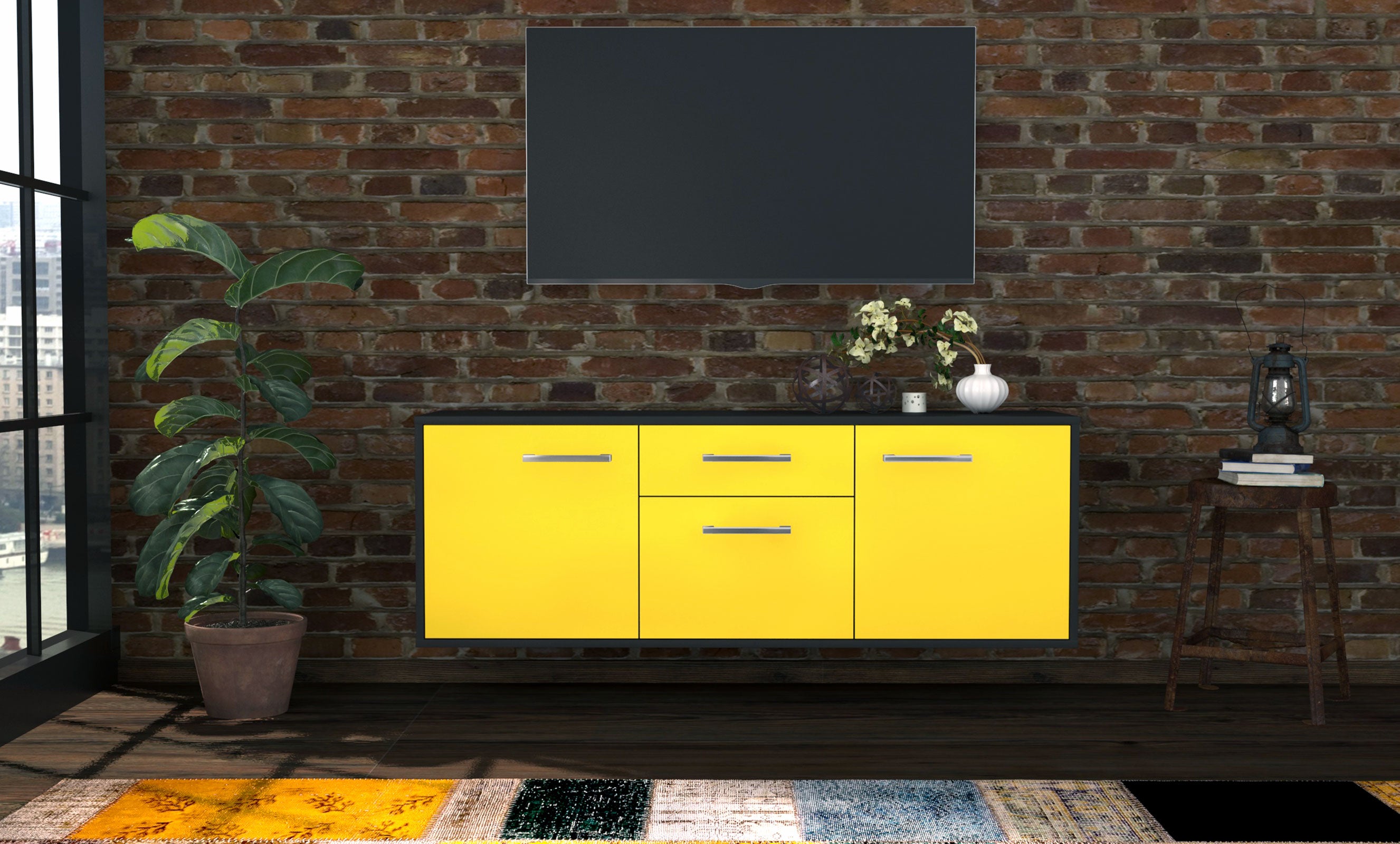 Lowboard - Anella - Design Farbakzent - Wandmontage mit Griffe 136 cm Anthrazit