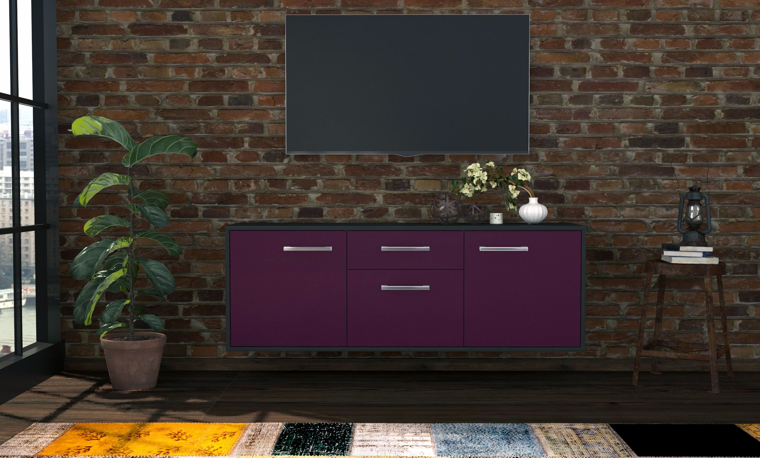 Lowboard - Anella - Design Farbakzent - Wandmontage mit Griffe 136 cm Anthrazit