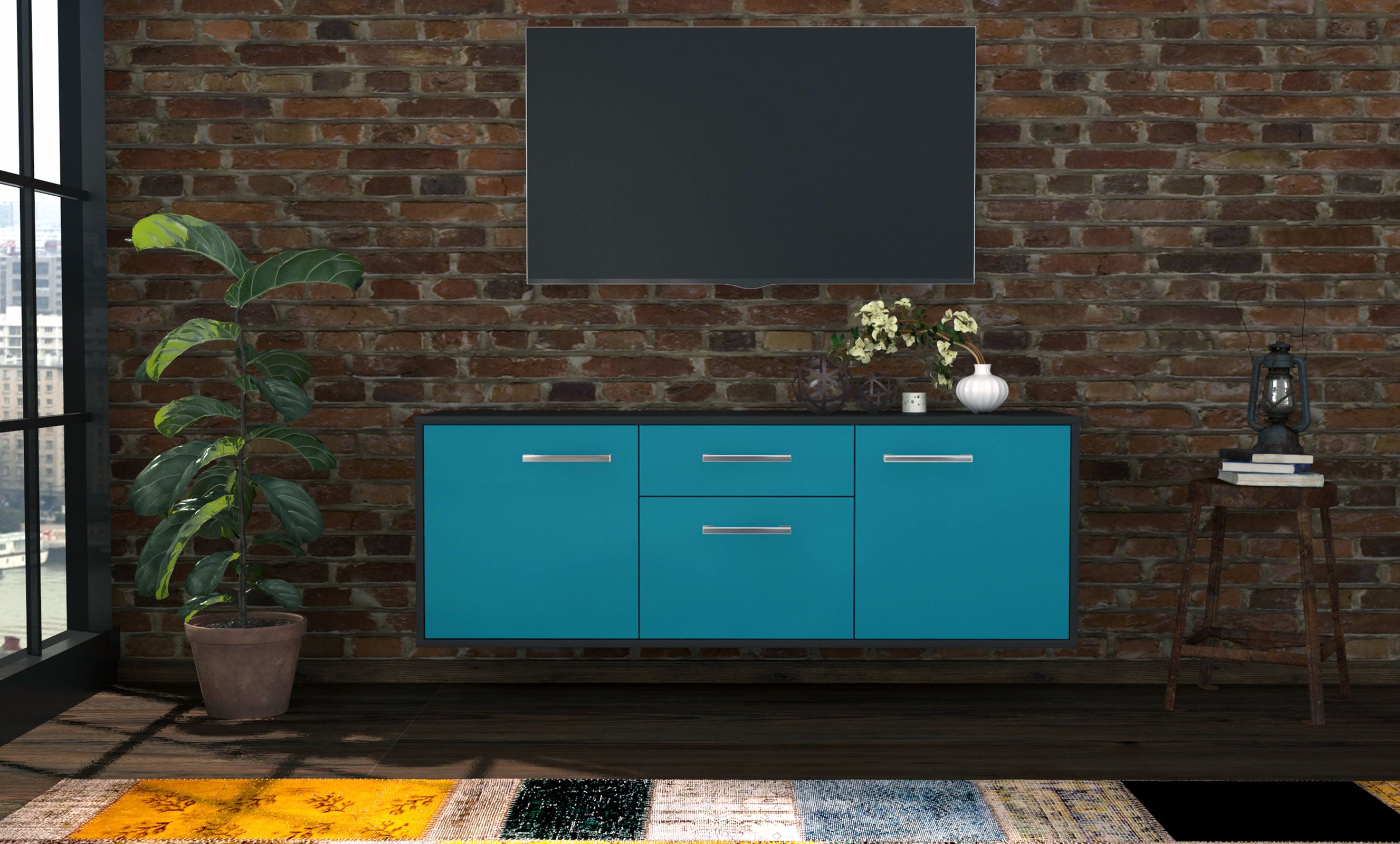 Lowboard - Anella - Design Farbakzent - Wandmontage mit Griffe 136 cm Anthrazit