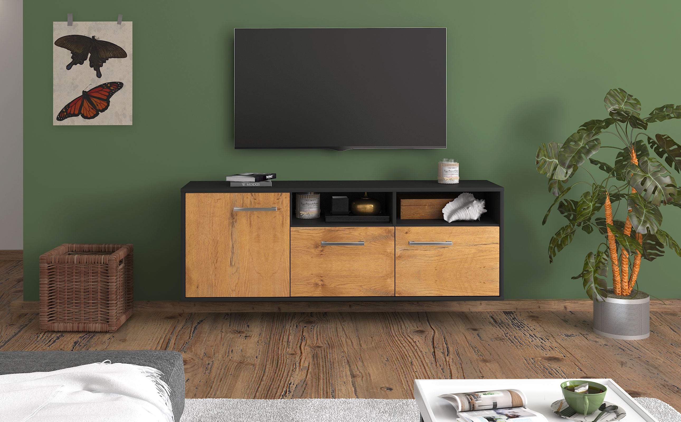 Lowboard - Angelina - Design Holzdekor - Wandmontage mit Griffe 136 cm Anthrazit