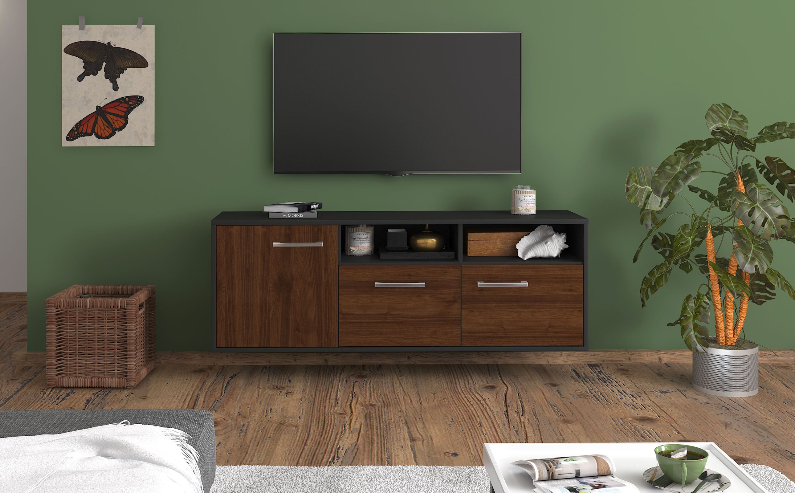 Lowboard - Angelina - Design Holzdekor - Wandmontage mit Griffe 136 cm Anthrazit