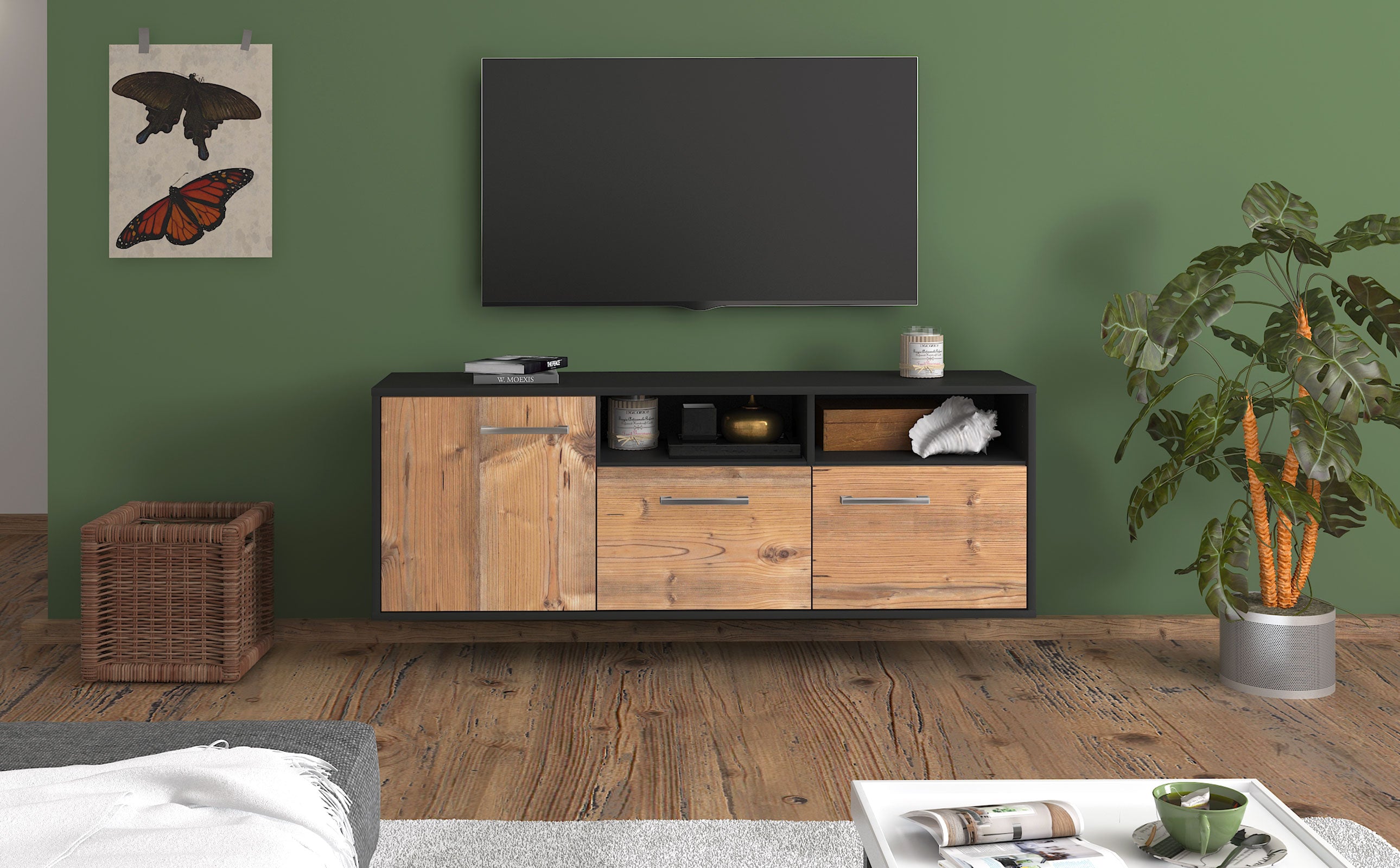 Lowboard - Angelina - Design Holzdekor - Wandmontage mit Griffe 136 cm Anthrazit