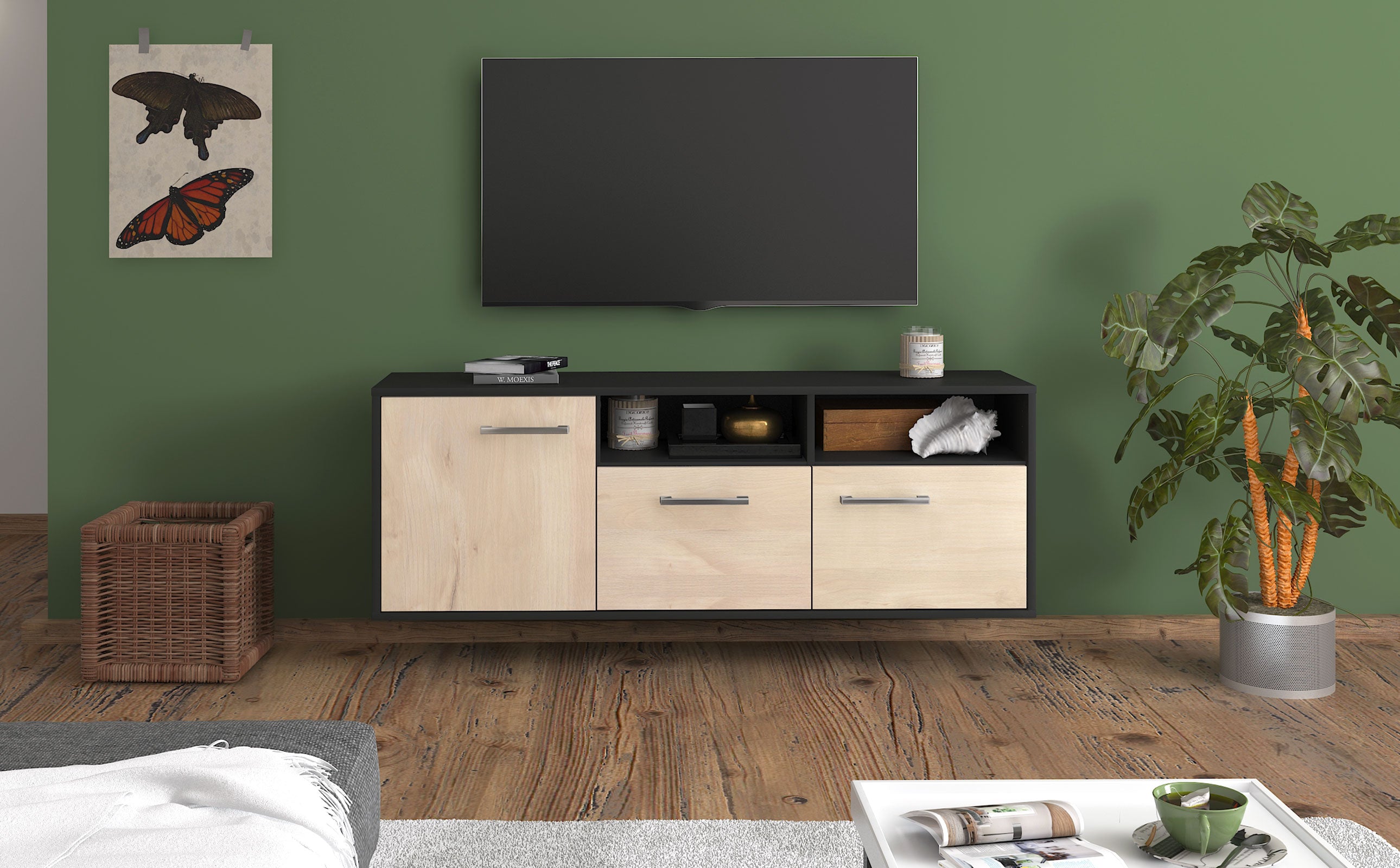 Lowboard - Angelina - Design Holzdekor - Wandmontage mit Griffe 136 cm Anthrazit