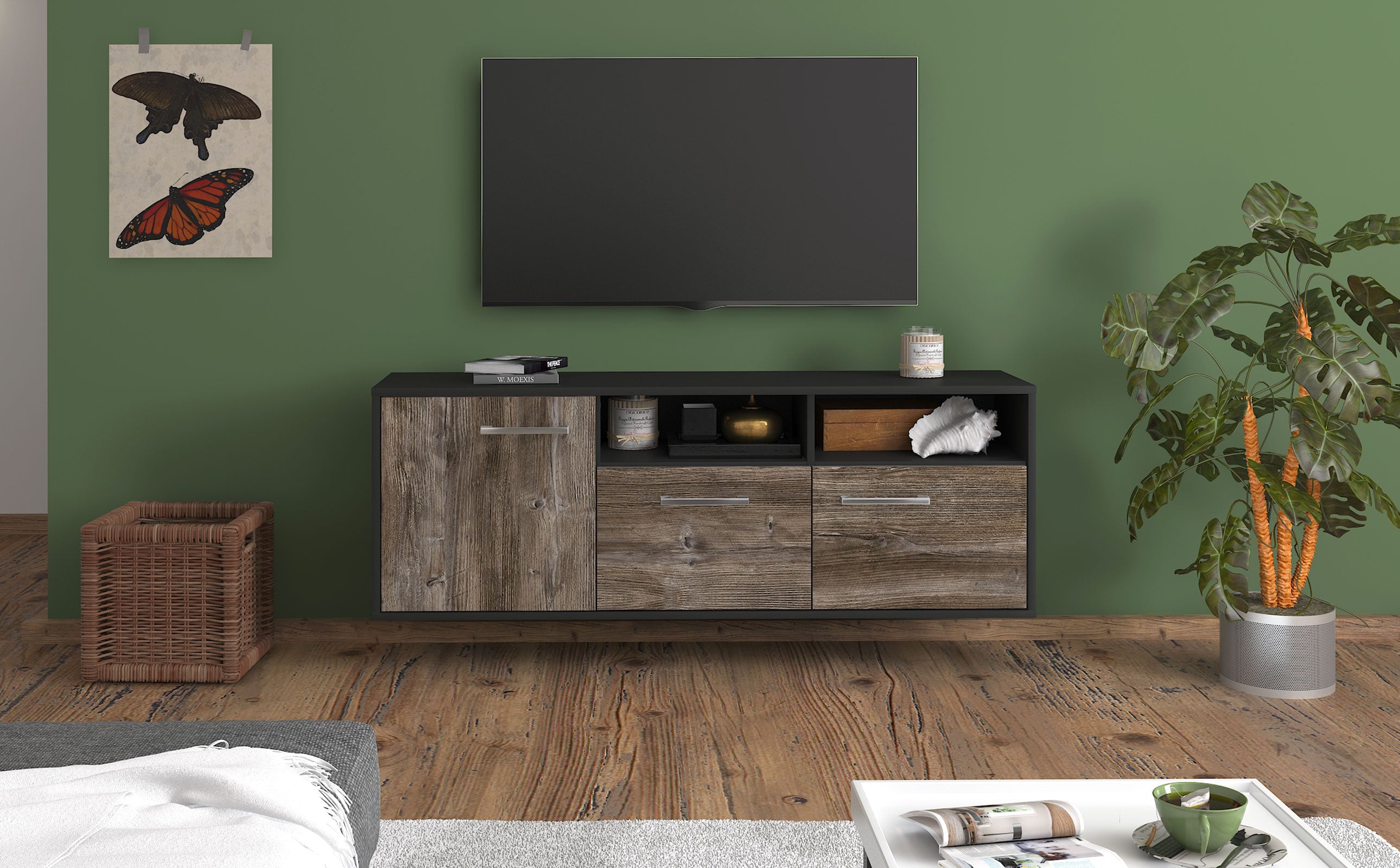 Lowboard - Angelina - Design Holzdekor - Wandmontage mit Griffe 136 cm Anthrazit