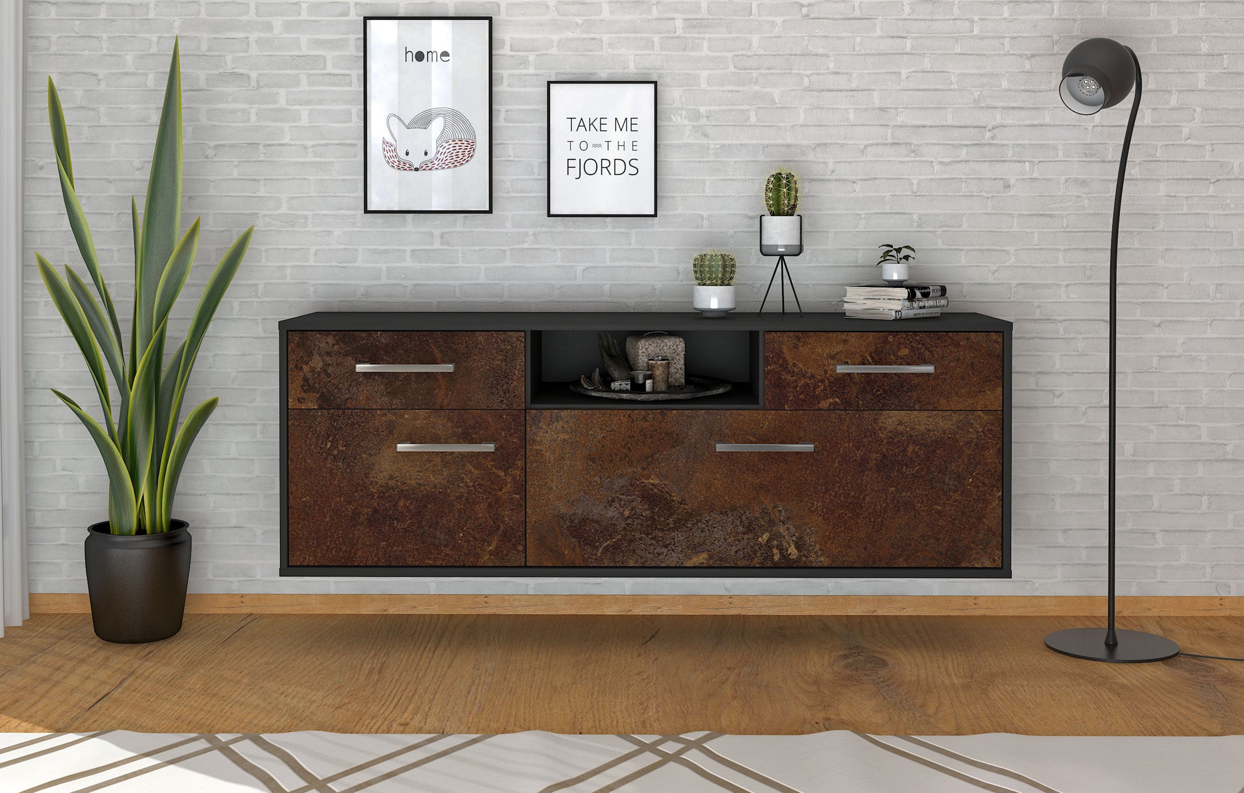 Lowboard - Anita - Design Industrie Stil - Wandmontage mit Griffe 136 cm Anthrazit