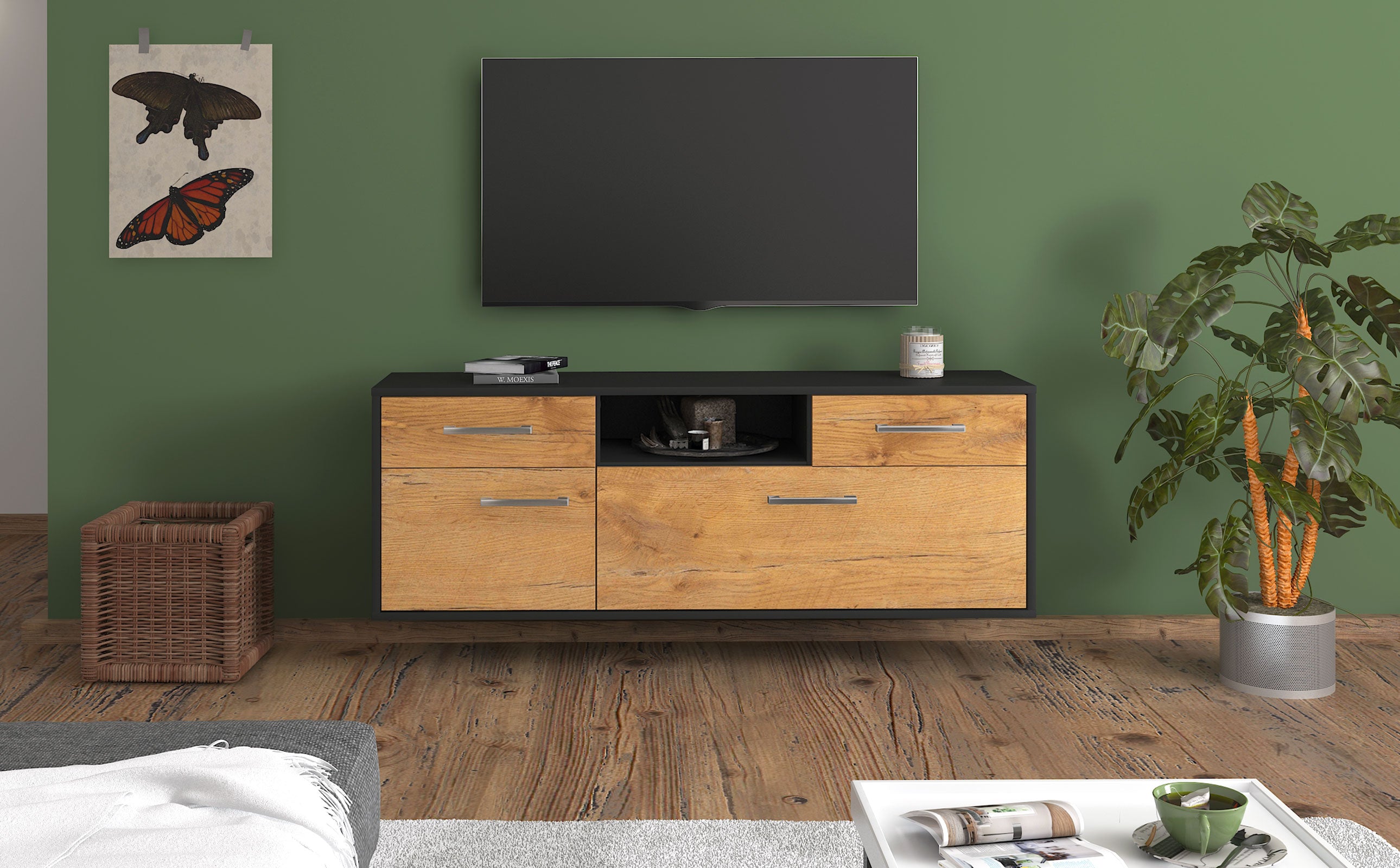 Lowboard - Anita - Design Holzdekor - Wandmontage mit Griffe 136 cm Anthrazit