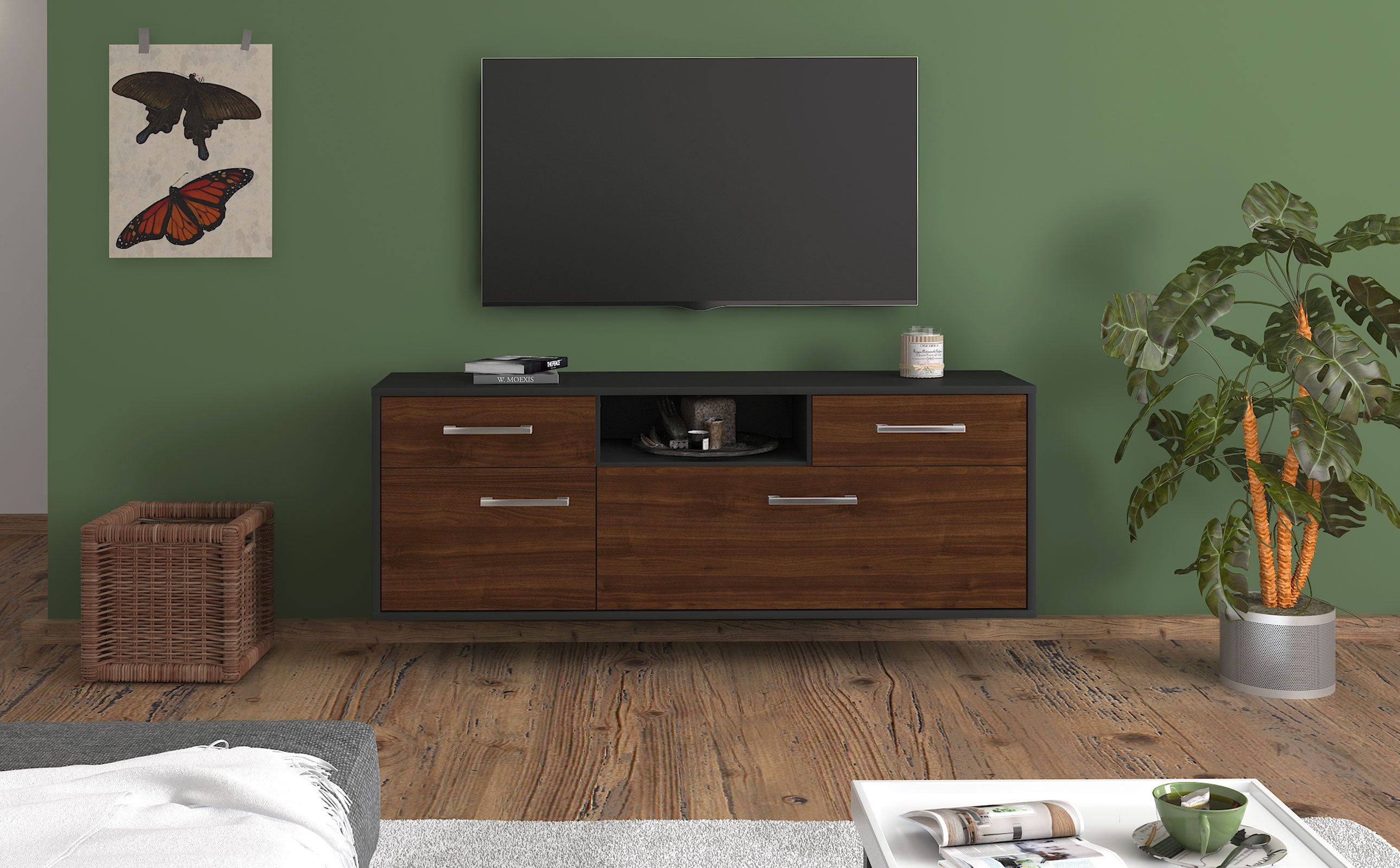 Lowboard - Anita - Design Holzdekor - Wandmontage mit Griffe 136 cm Anthrazit