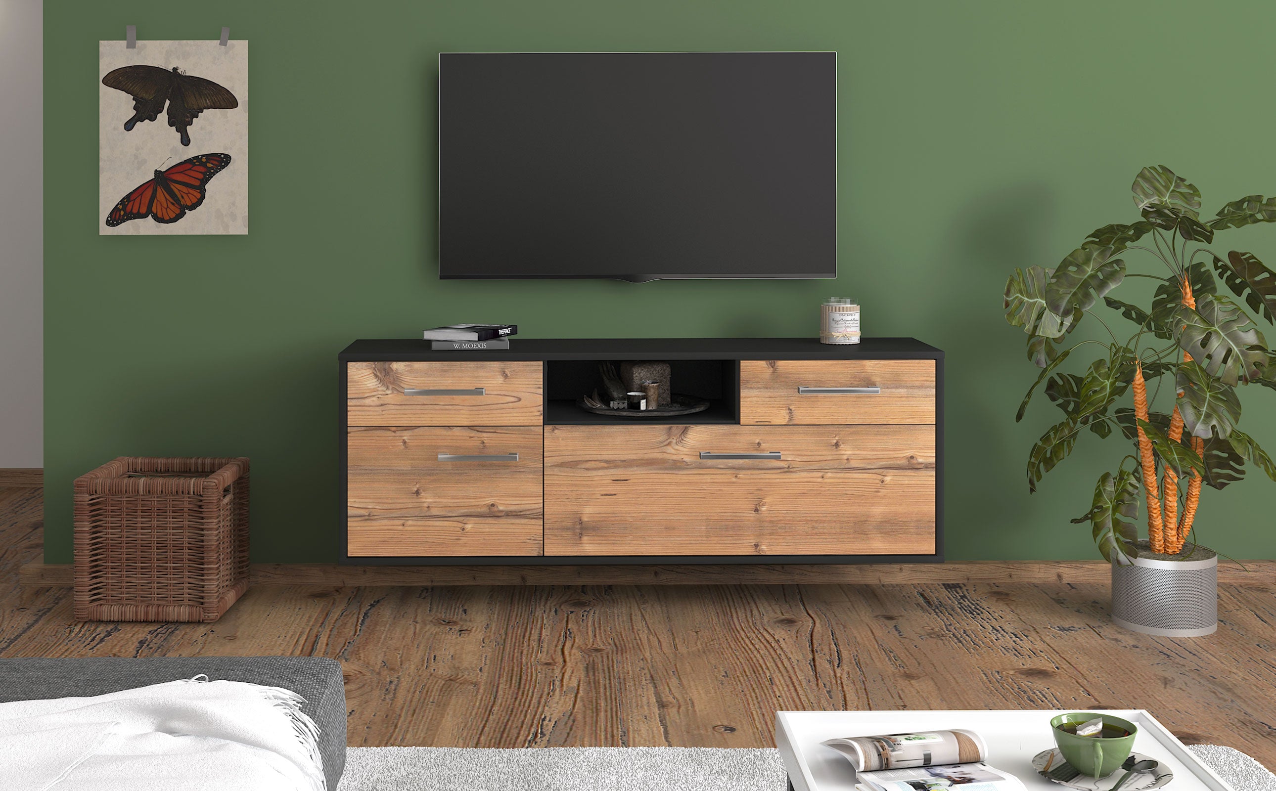 Lowboard - Anita - Design Holzdekor - Wandmontage mit Griffe 136 cm Anthrazit