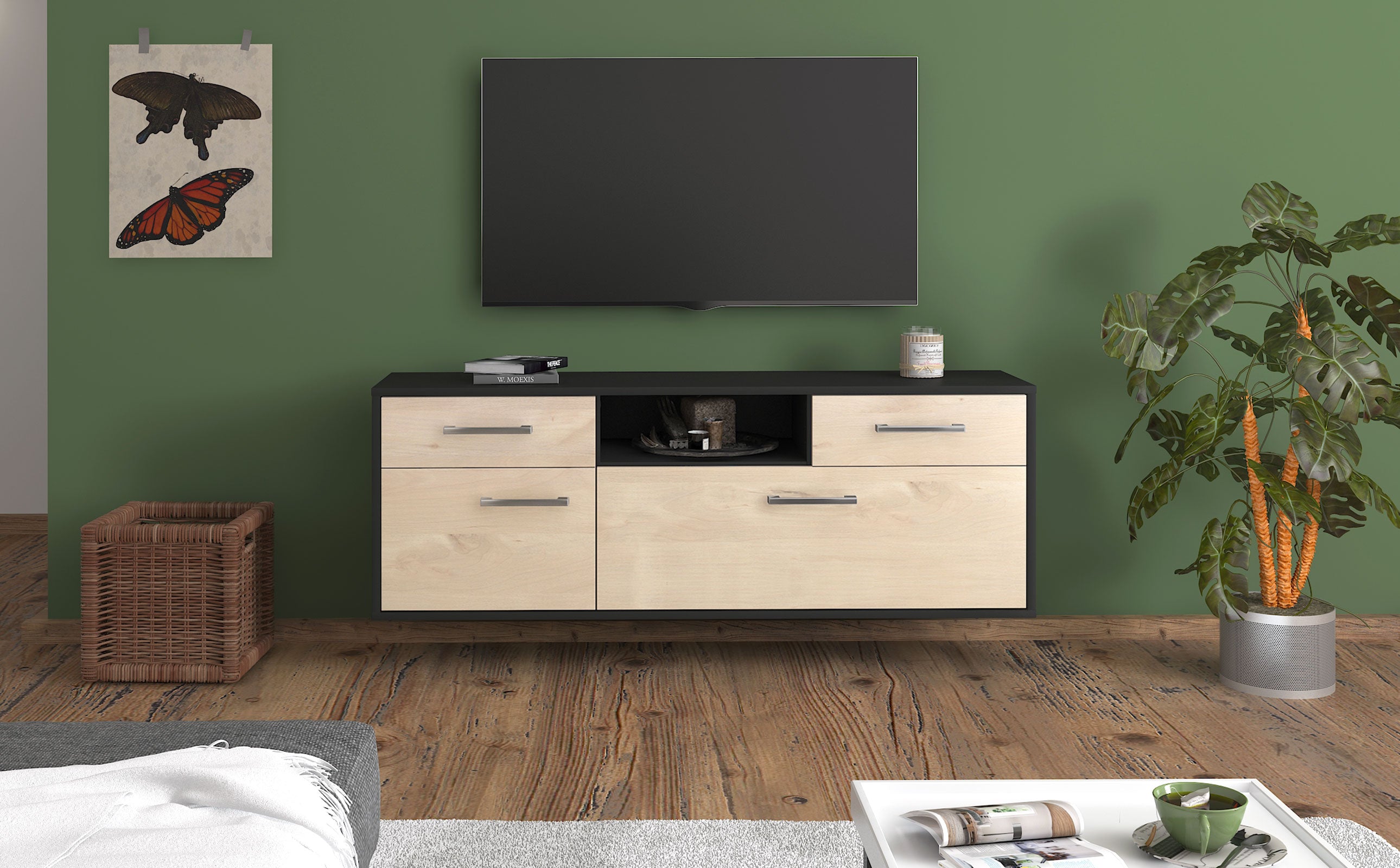 Lowboard - Anita - Design Holzdekor - Wandmontage mit Griffe 136 cm Anthrazit