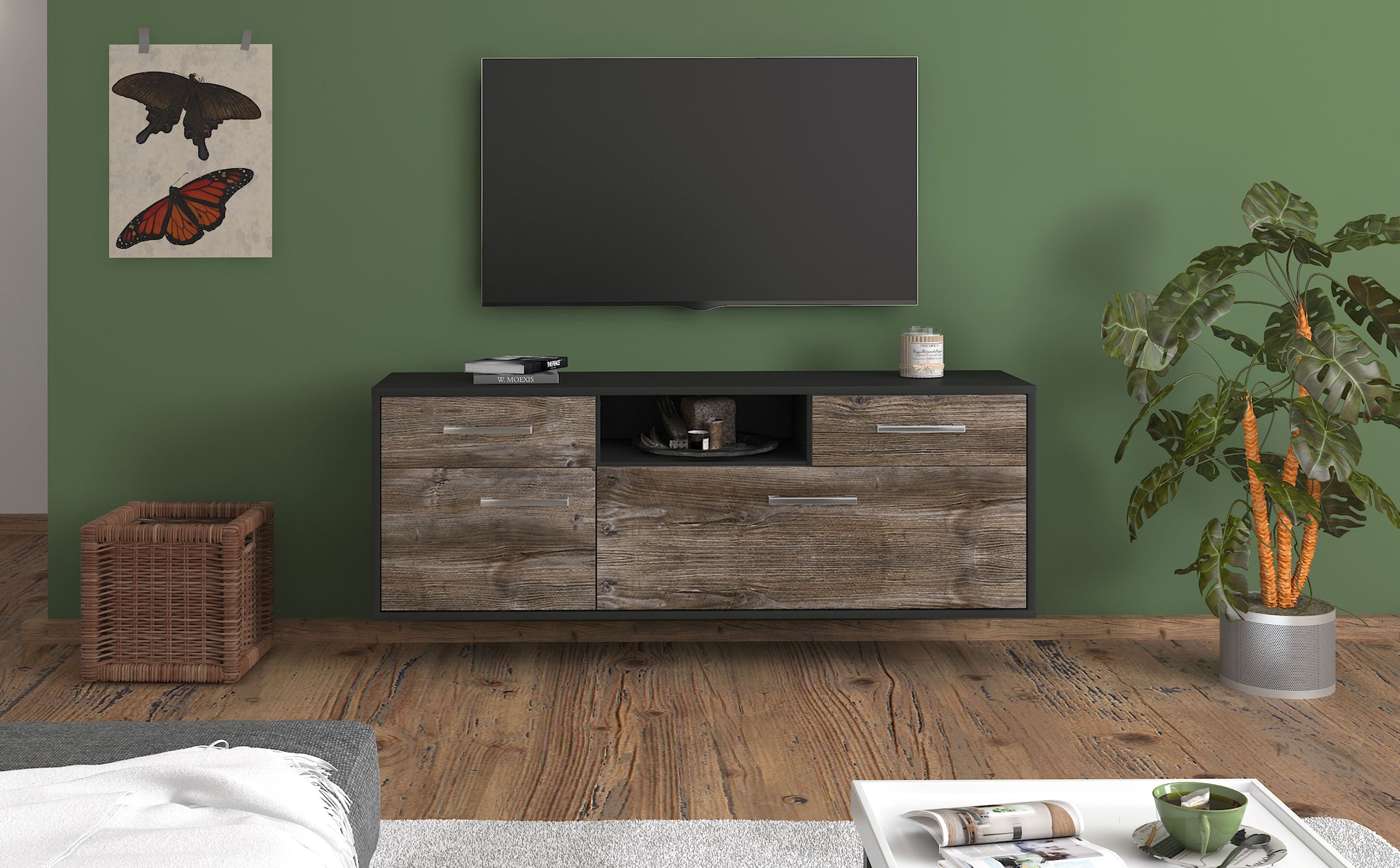 Lowboard - Anita - Design Holzdekor - Wandmontage mit Griffe 136 cm Anthrazit
