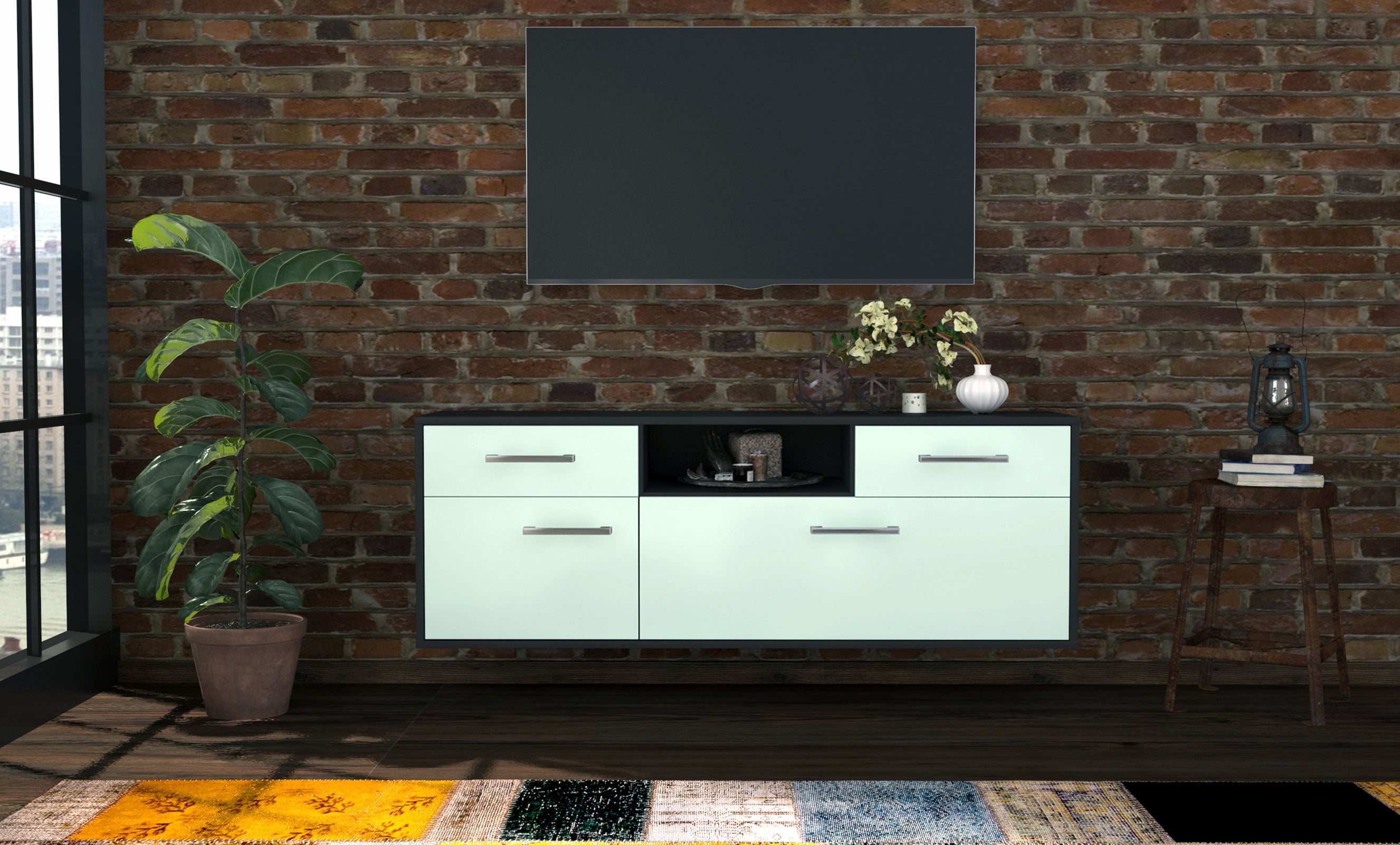 Lowboard - Anita - Design Farbakzent - Wandmontage mit Griffe 136 cm Anthrazit