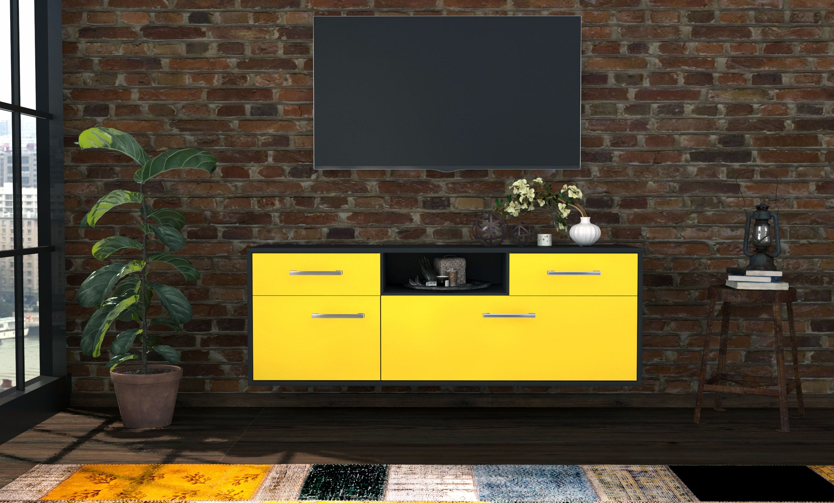 Lowboard - Anita - Design Farbakzent - Wandmontage mit Griffe 136 cm Anthrazit