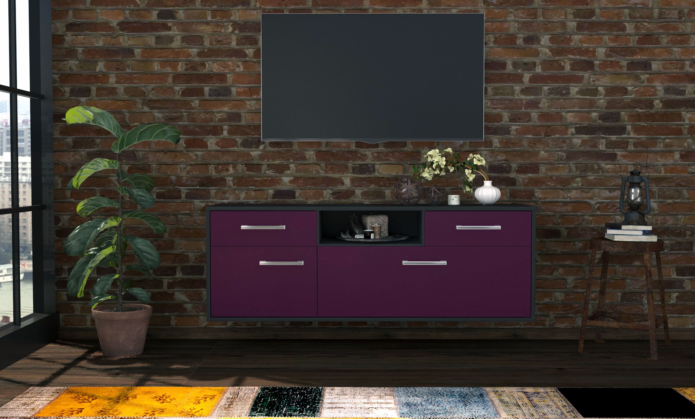 Lowboard - Anita - Design Farbakzent - Wandmontage mit Griffe 136 cm Anthrazit