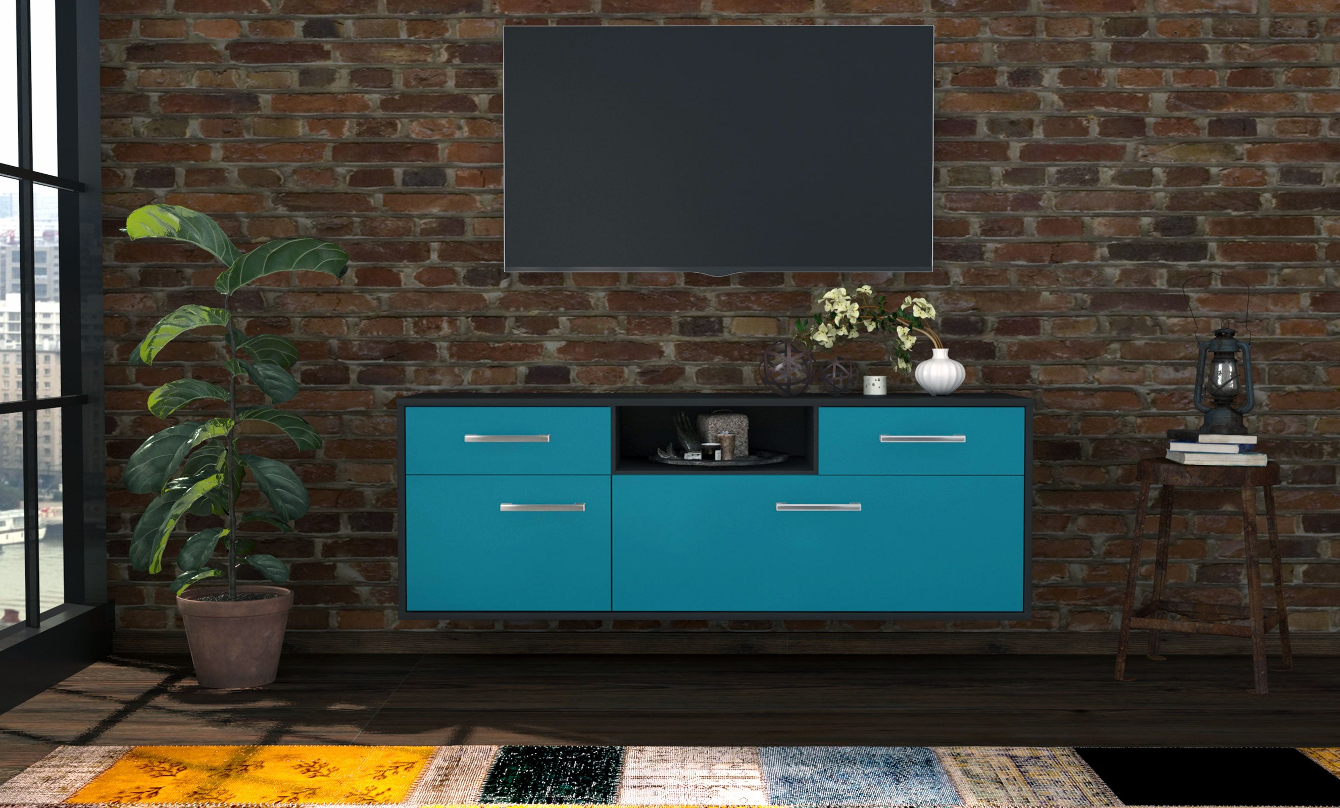 Lowboard - Anita - Design Farbakzent - Wandmontage mit Griffe 136 cm Anthrazit