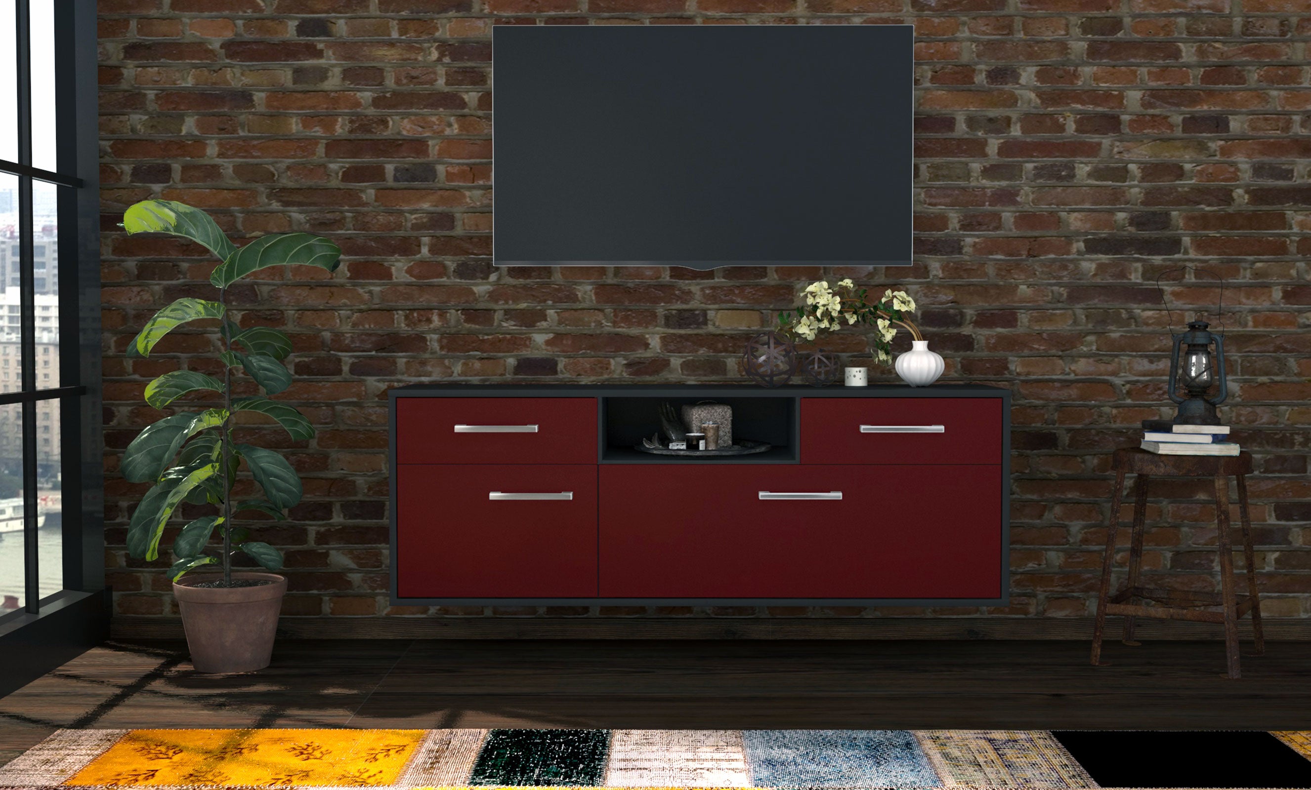 Lowboard - Anita - Design Farbakzent - Wandmontage mit Griffe 136 cm Anthrazit