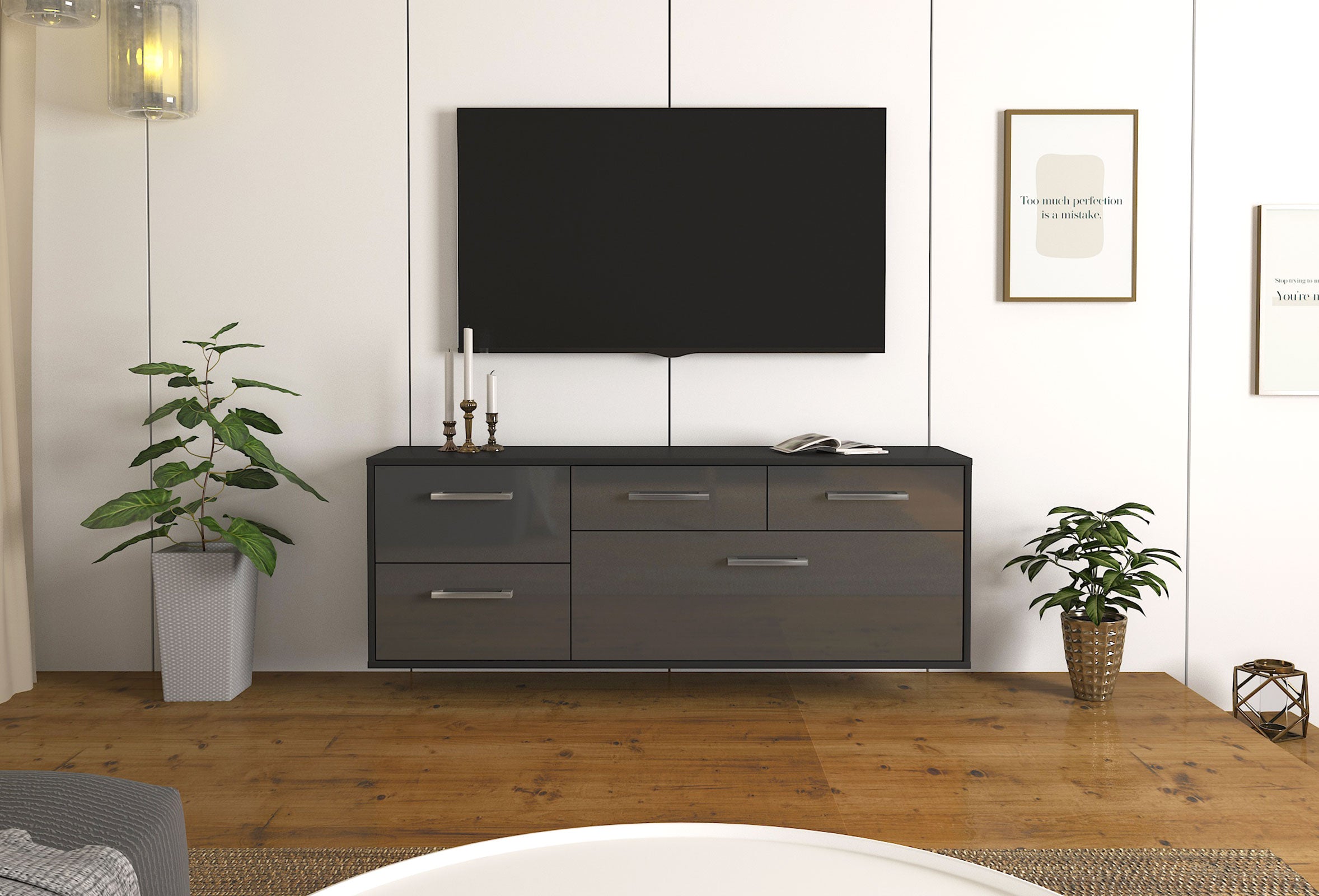 Lowboard - Anna - Design Hochglanz - Wandmontage mit Griffe 136 cm Anthrazit