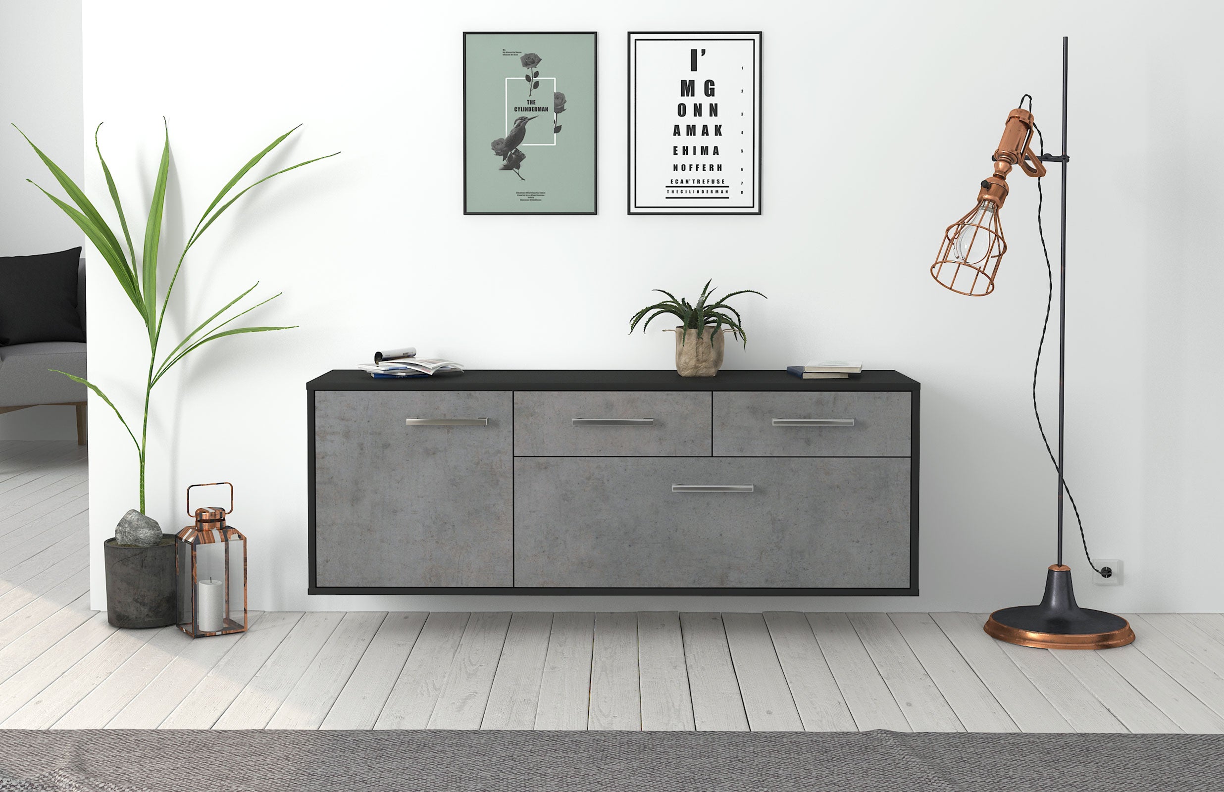 Lowboard - Annabell - Design Industrie Stil - Wandmontage mit Griffe 136 cm Anthrazit