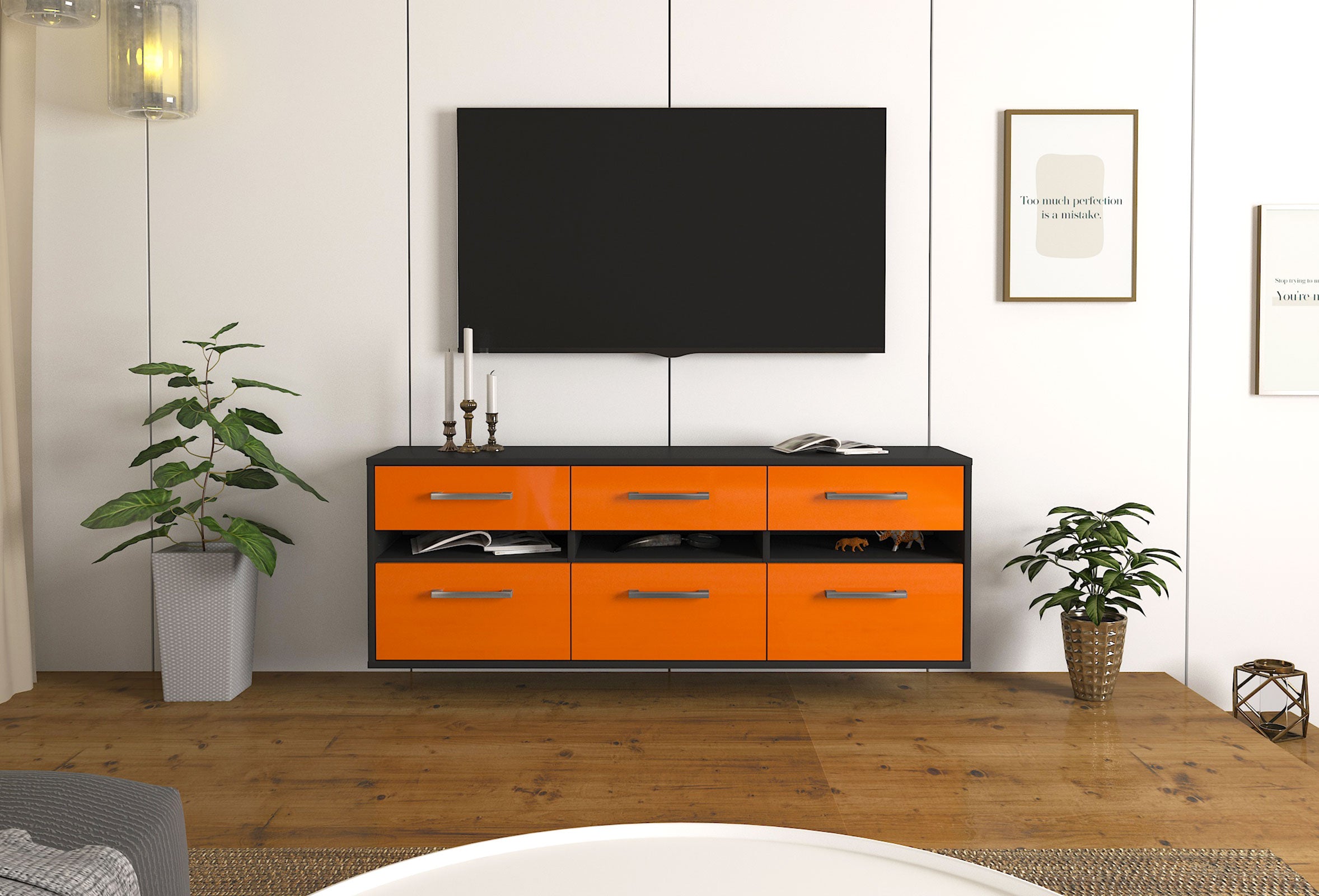 Lowboard - Annalena - Design Hochglanz - Wandmontage mit Griffe 136 cm Anthrazit
