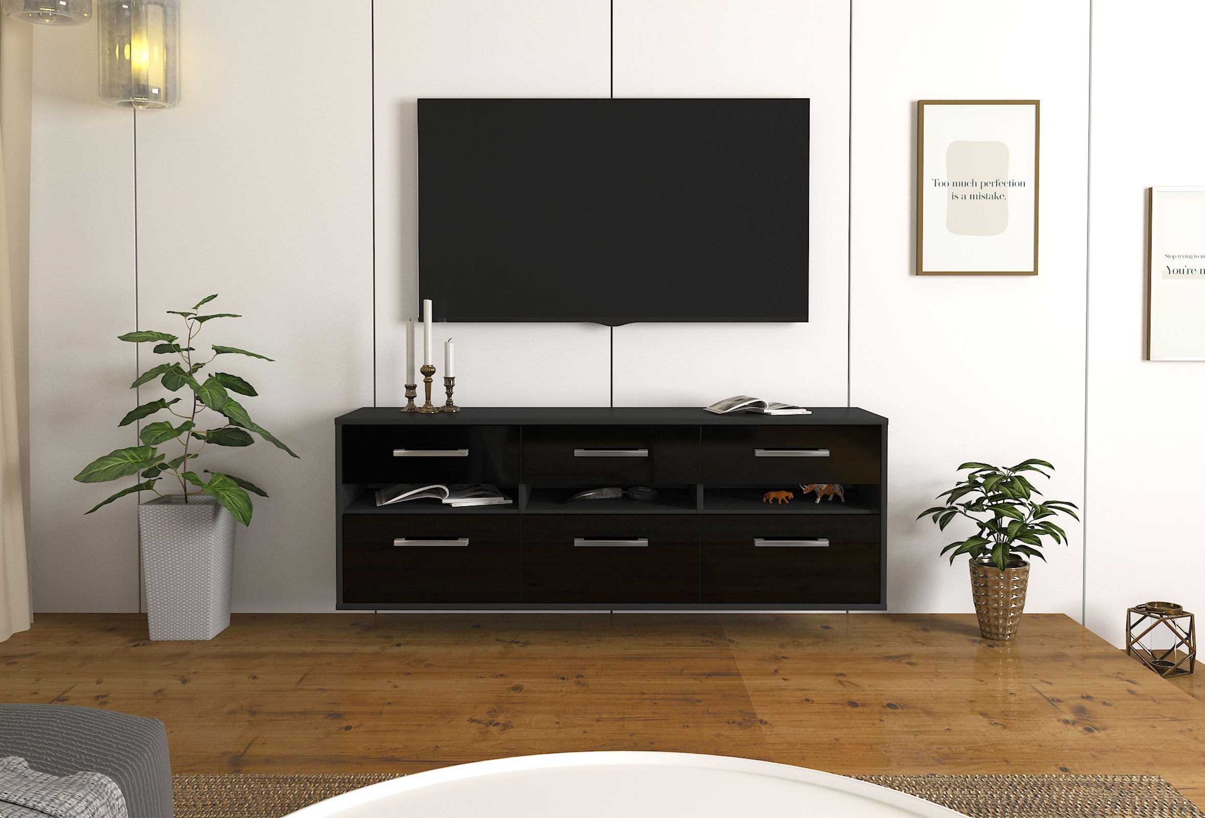 Lowboard - Annalena - Design Hochglanz - Wandmontage mit Griffe 136 cm Anthrazit