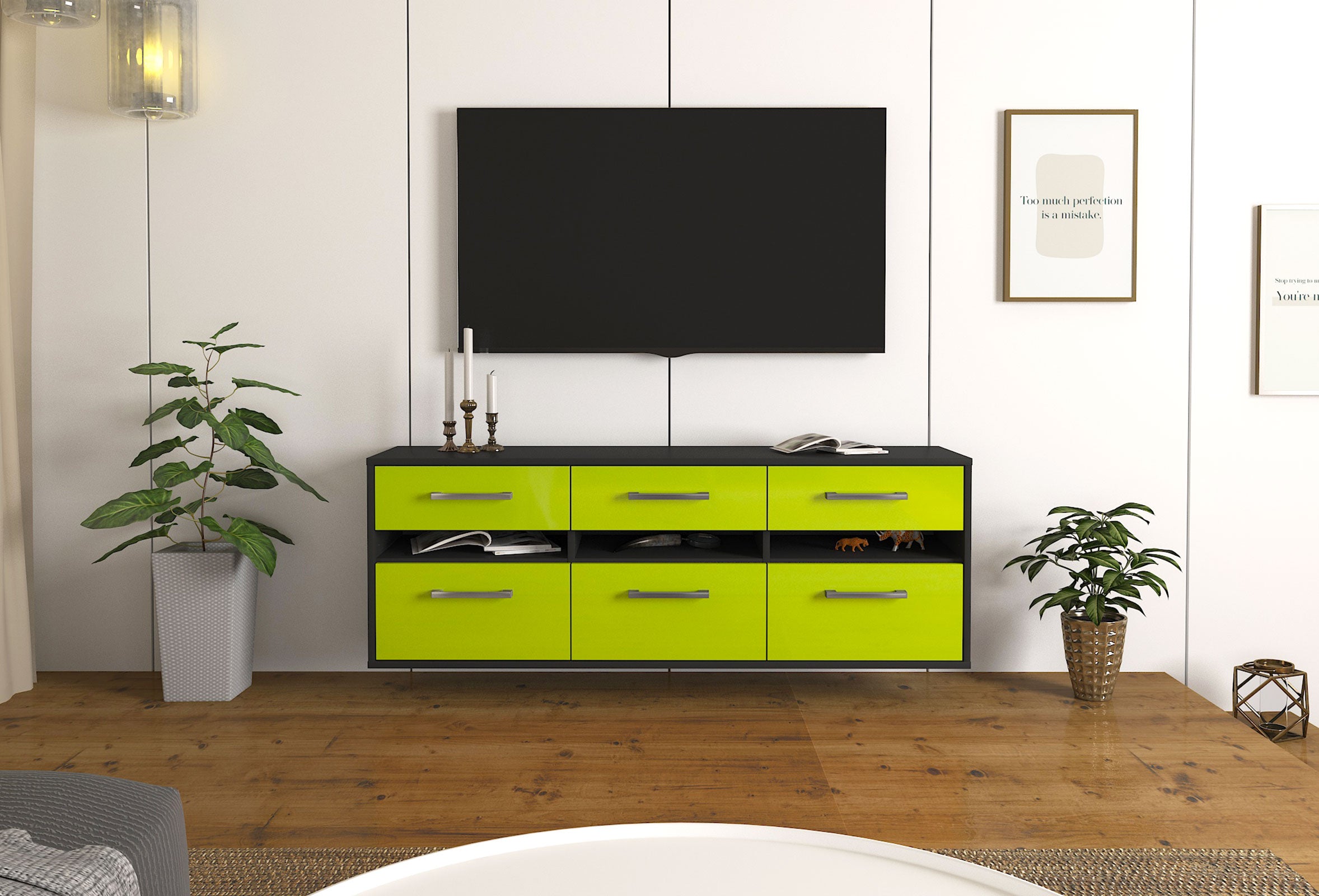 Lowboard - Annalena - Design Hochglanz - Wandmontage mit Griffe 136 cm Anthrazit