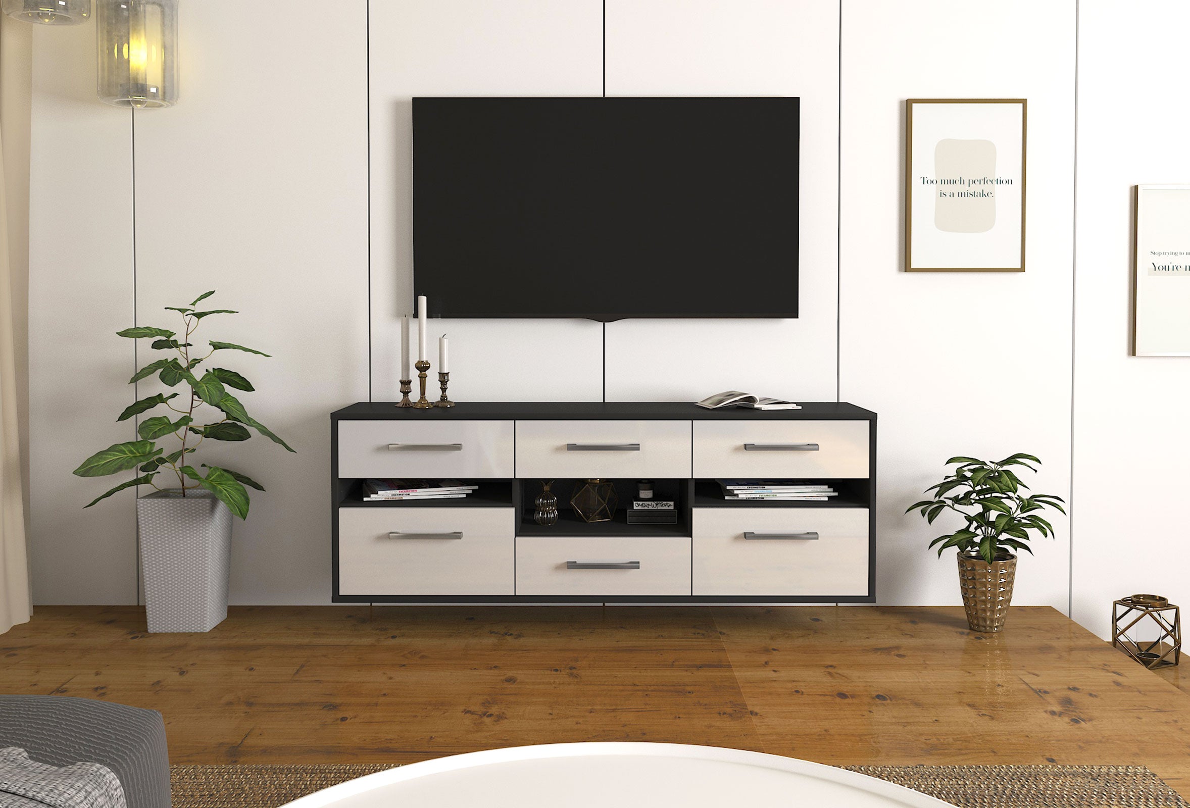Lowboard - Annamaria - Design Hochglanz - Wandmontage mit Griffe 136 cm Anthrazit