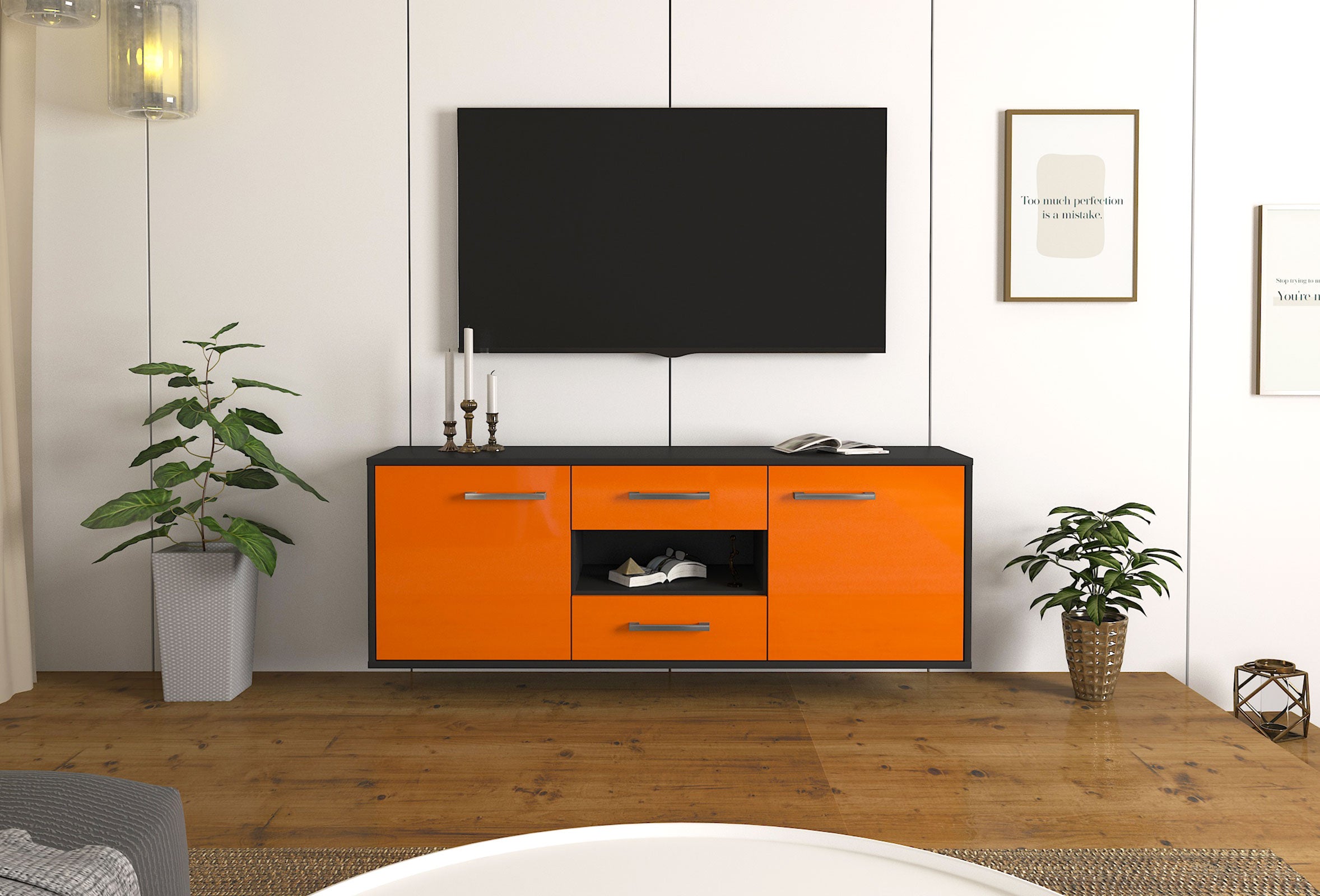 Lowboard - Antonella - Design Hochglanz - Wandmontage mit Griffe 136 cm Anthrazit