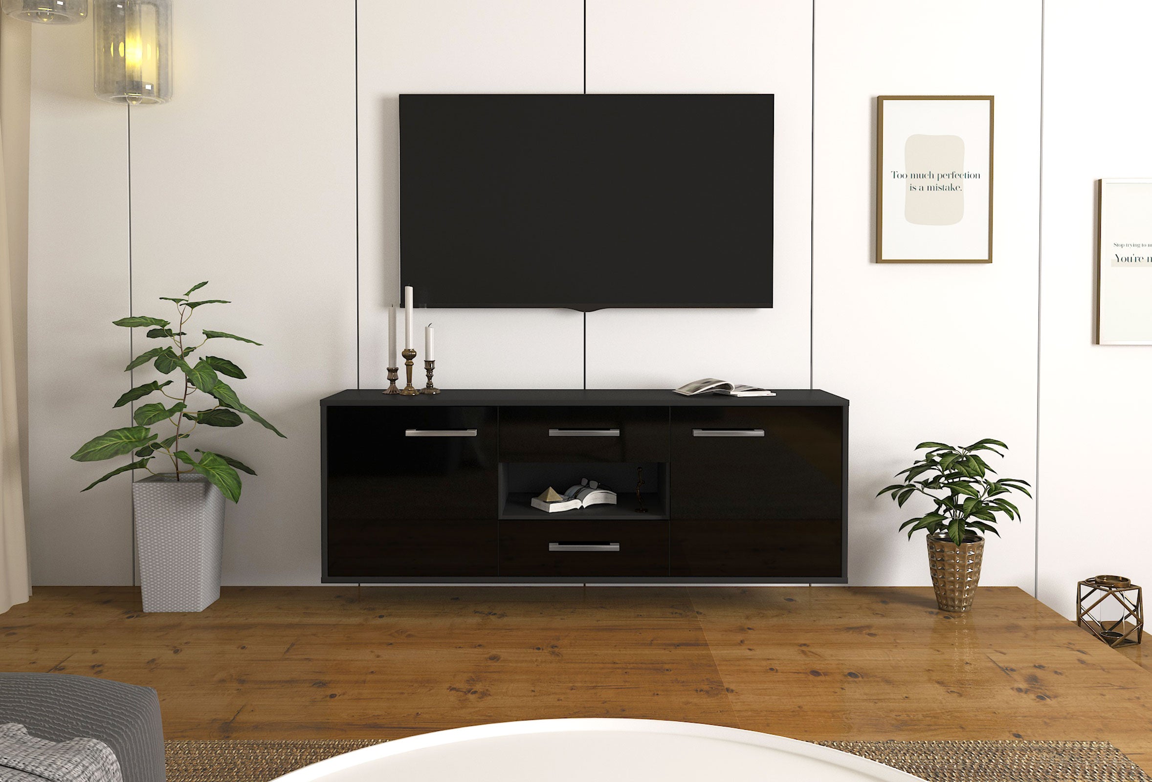 Lowboard - Antonella - Design Hochglanz - Wandmontage mit Griffe 136 cm Anthrazit