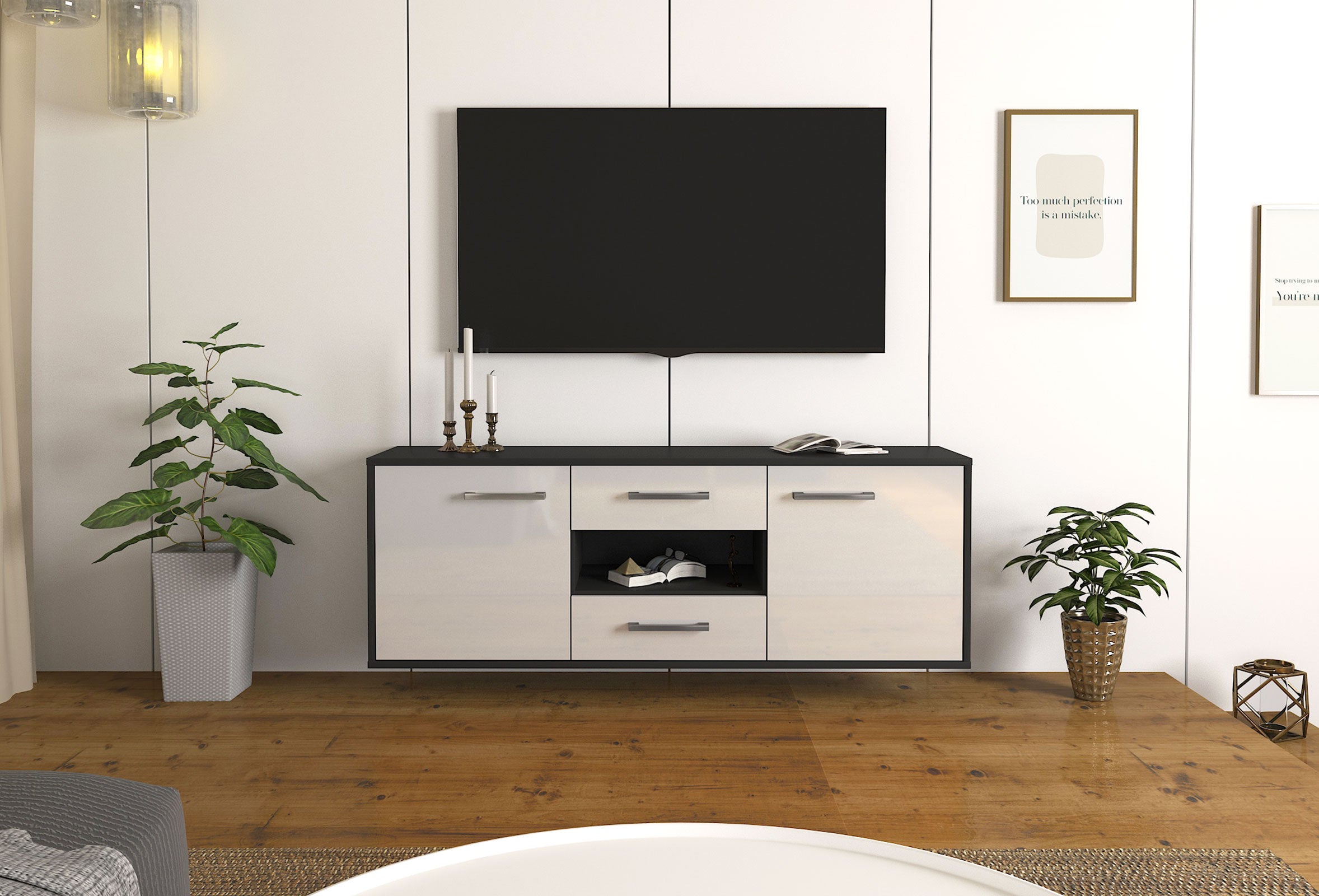 Lowboard - Antonella - Design Hochglanz - Wandmontage mit Griffe 136 cm Anthrazit