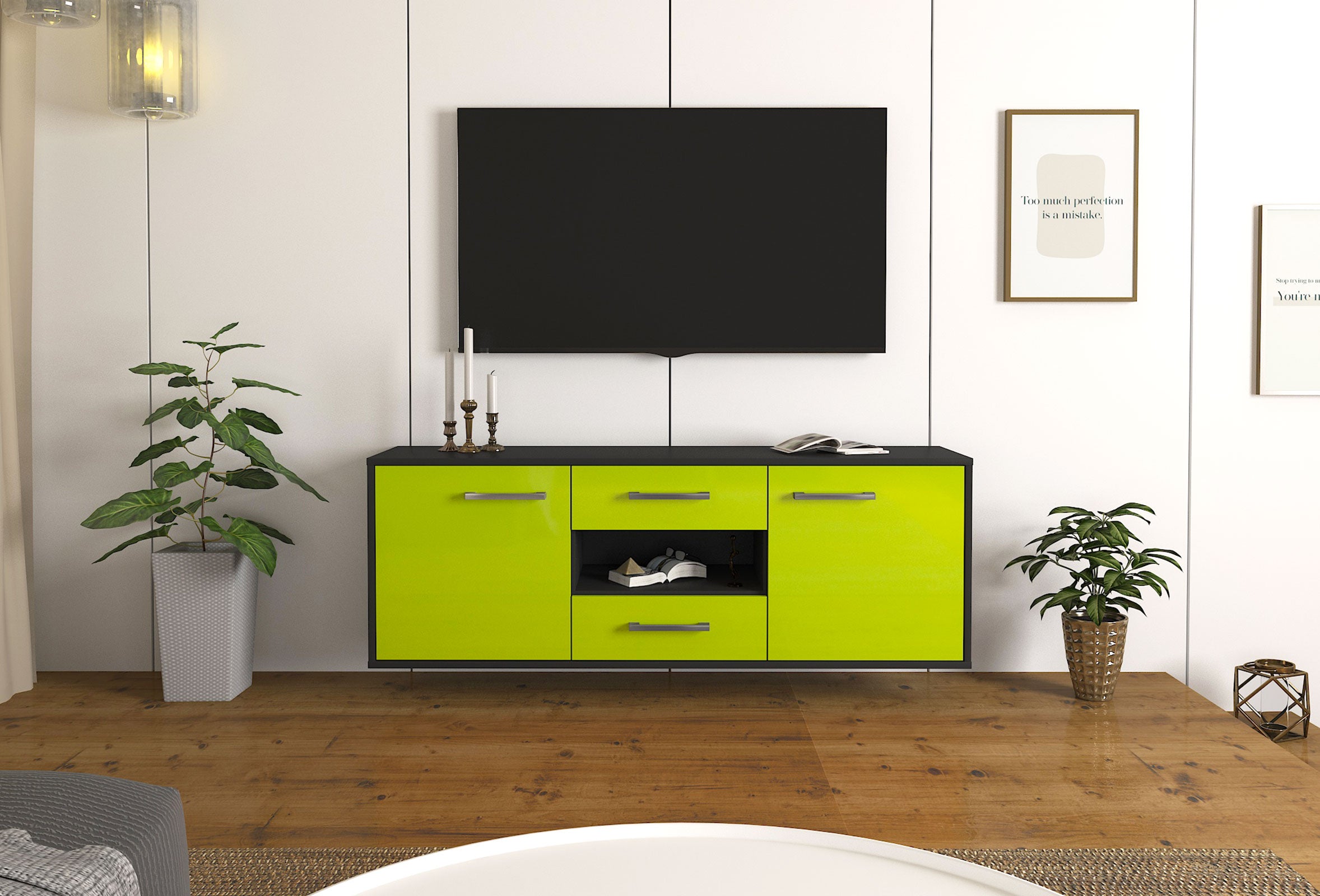 Lowboard - Antonella - Design Hochglanz - Wandmontage mit Griffe 136 cm Anthrazit