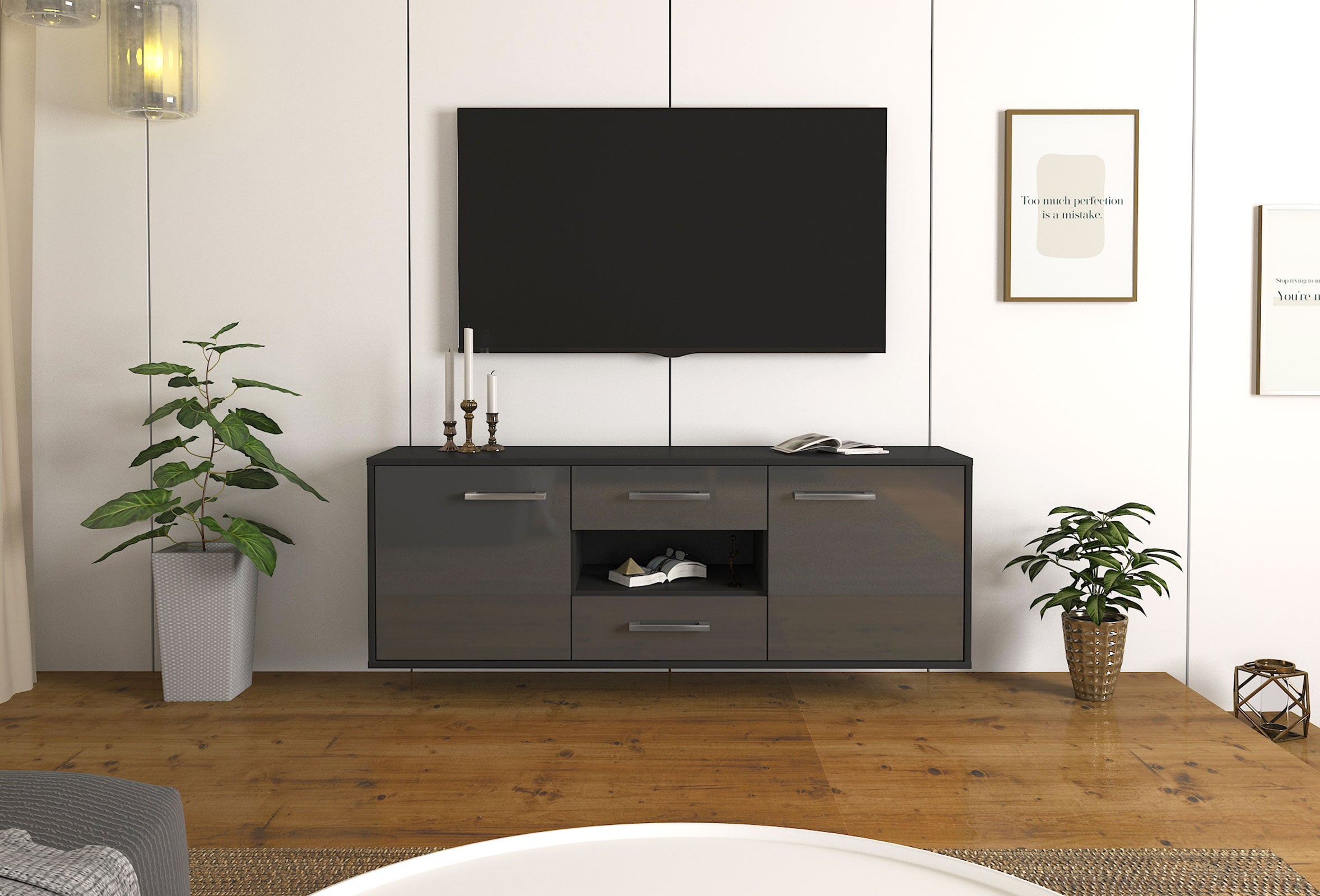 Lowboard - Antonella - Design Hochglanz - Wandmontage mit Griffe 136 cm Anthrazit