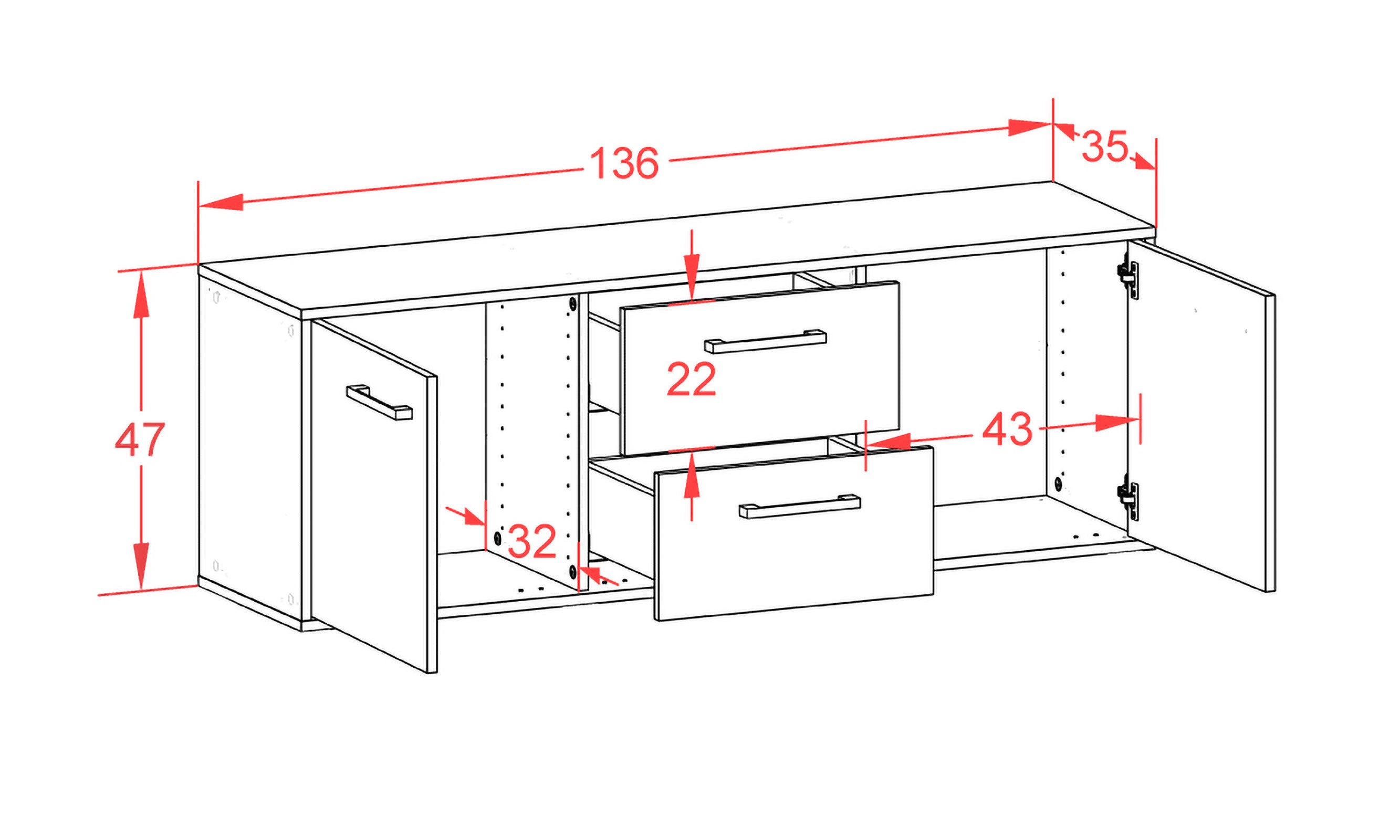 Lowboard - Alma - Design Holzdekor - Wandmontage mit Griffe 136 cm Anthrazit