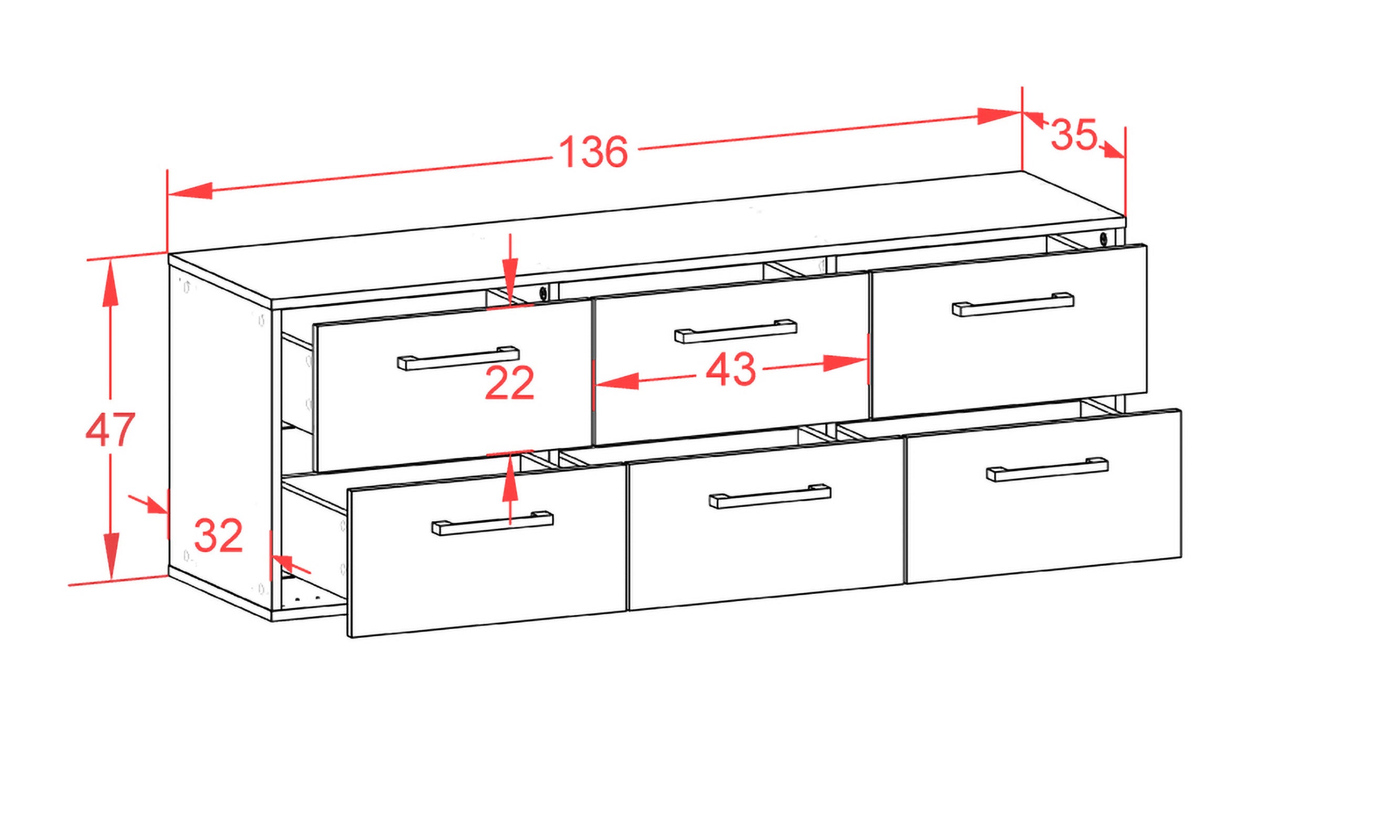 Lowboard - Alva - Design Farbakzent - Wandmontage mit Griffe 136 cm Anthrazit