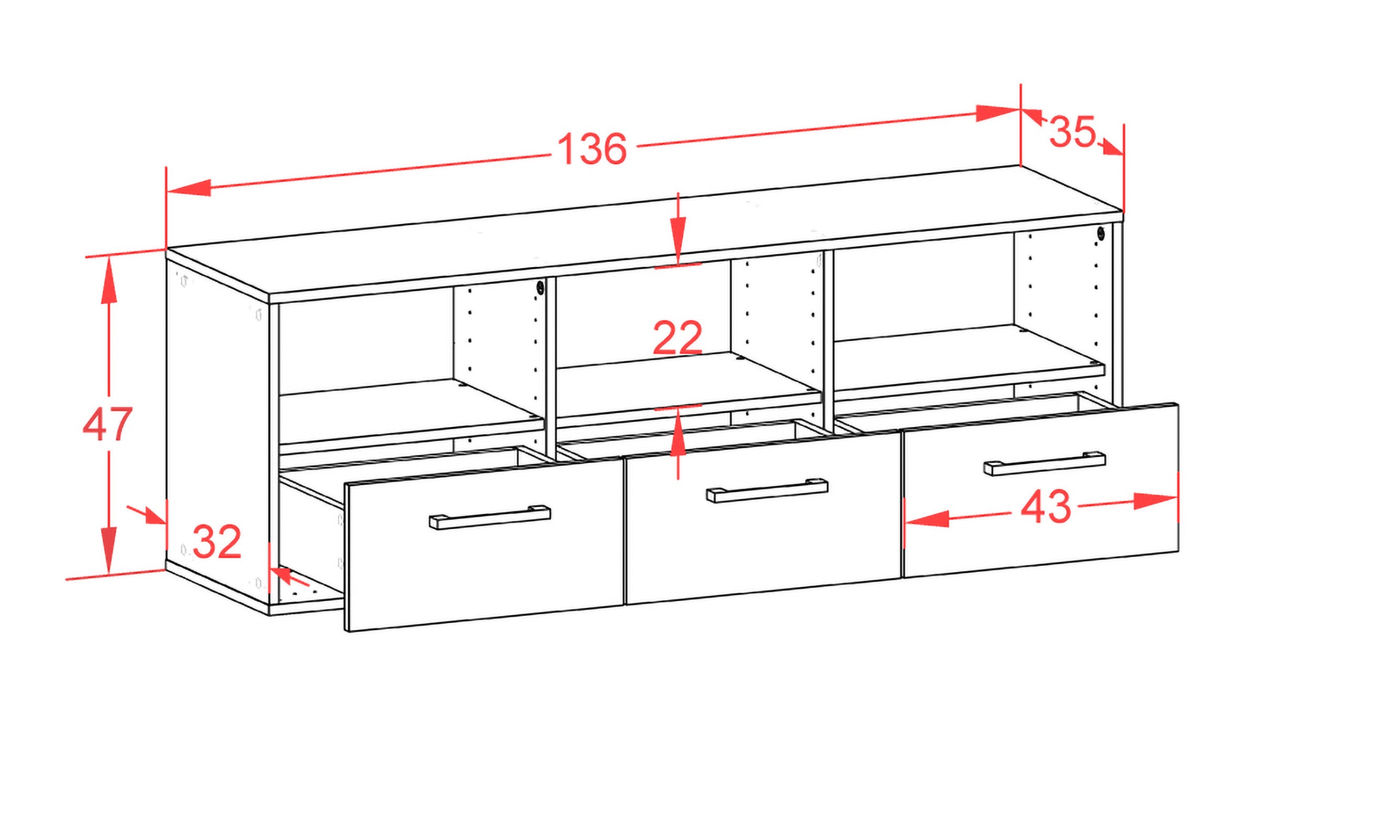 Lowboard - Amalia - Design Hochglanz - Wandmontage mit Griffe 136 cm Weiss