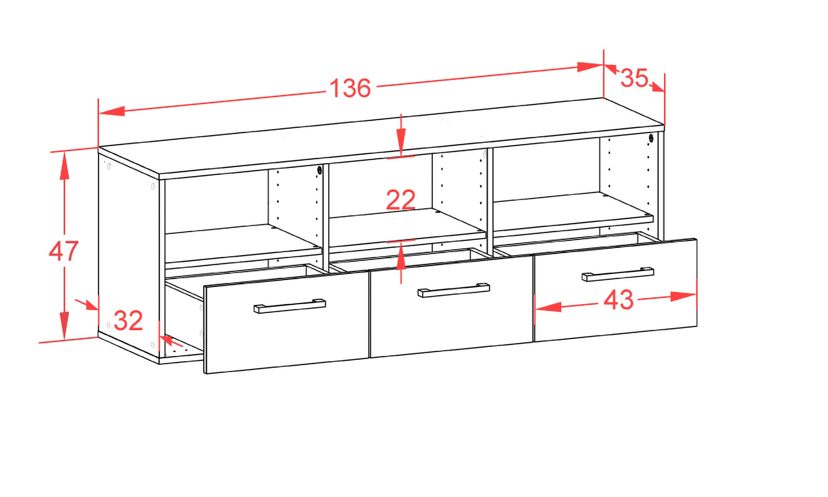 Lowboard - Amalia - Design Farbakzent - Wandmontage mit Griffe 136 cm Anthrazit