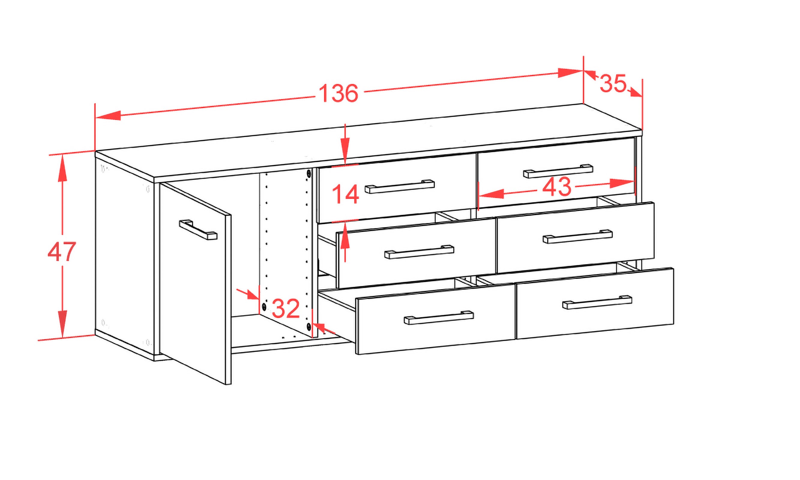 Lowboard - Amedea - Design Industrie Stil - Wandmontage mit Griffe 136 cm Anthrazit