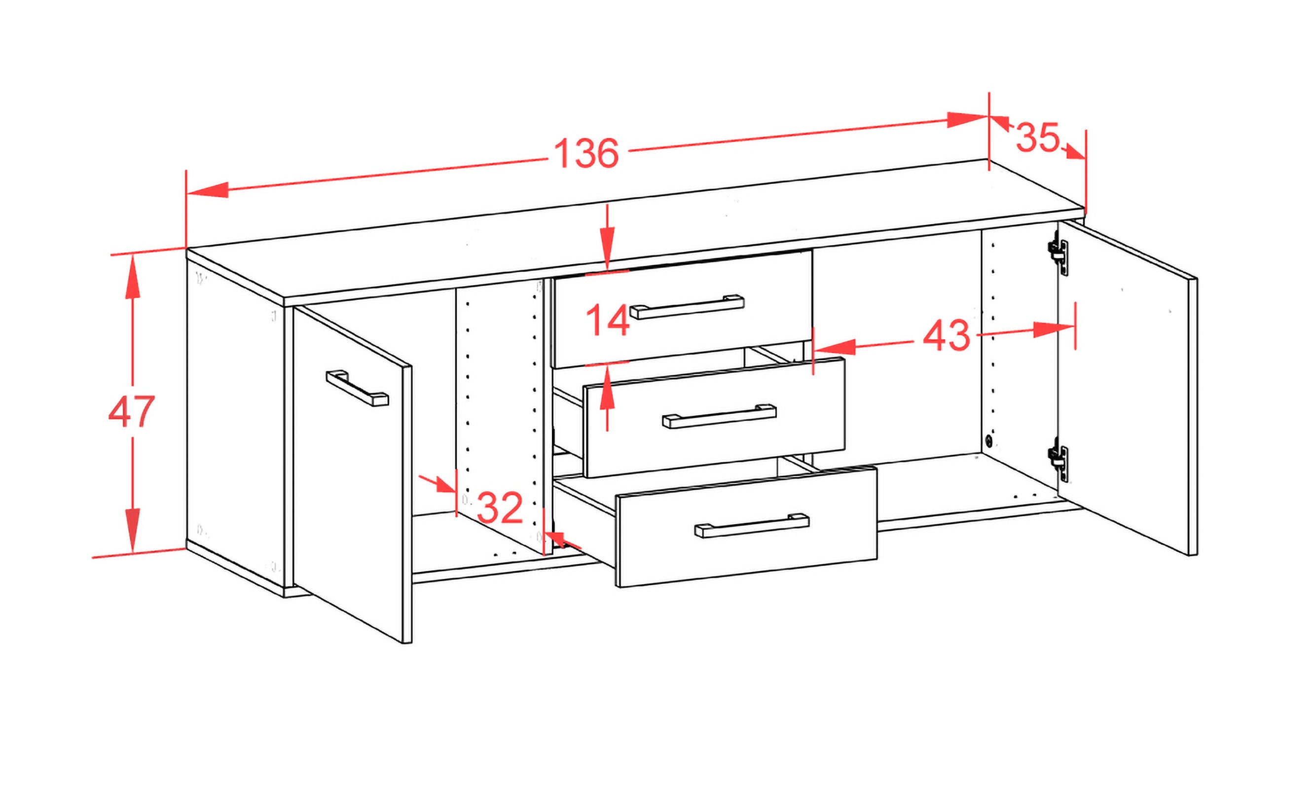 Lowboard - Ameline - Design Hochglanz - Wandmontage mit Griffe 136 cm Anthrazit