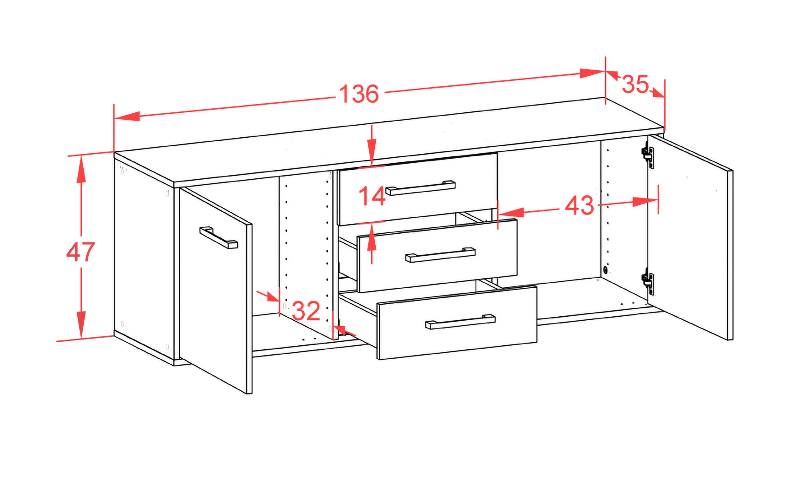 Lowboard - Ameline - Design Farbakzent - Wandmontage mit Griffe 136 cm Anthrazit