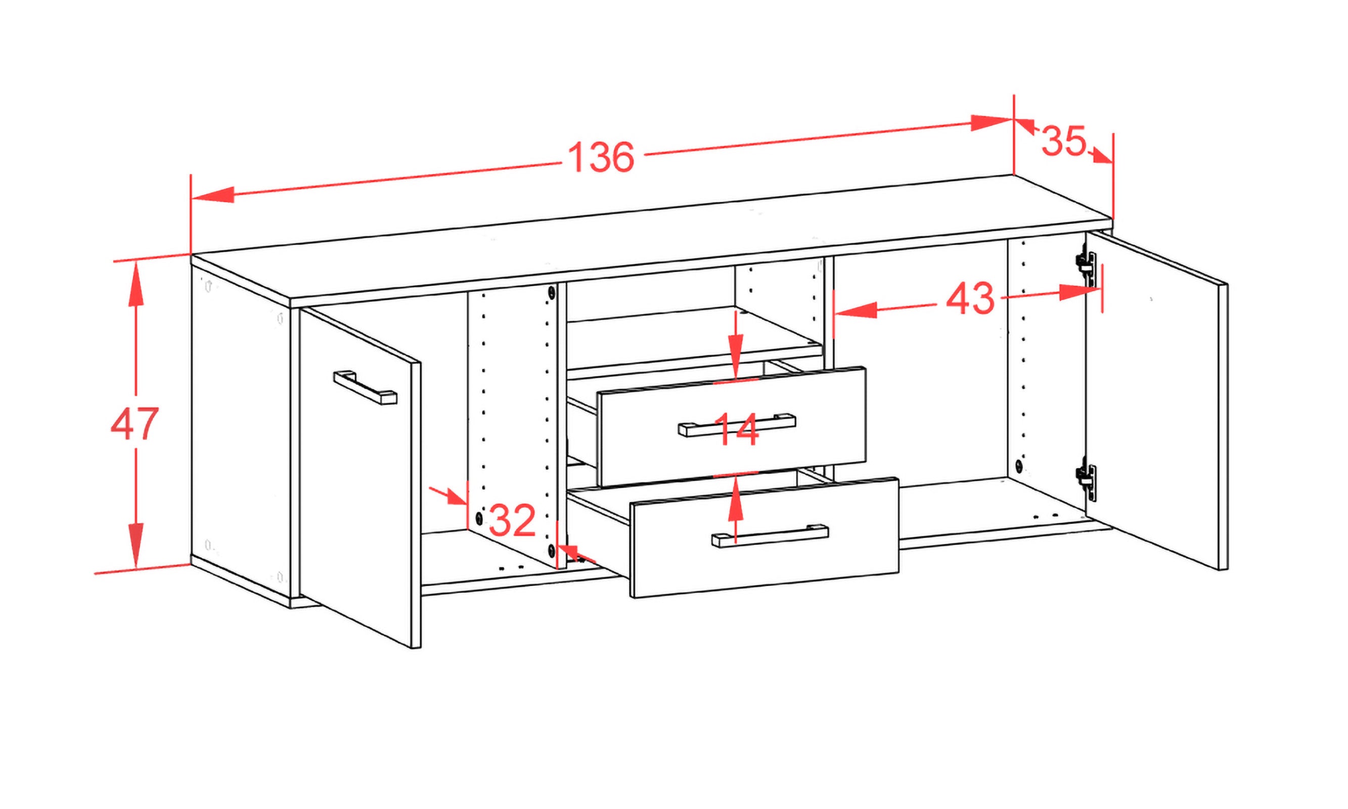 Lowboard - Ameriga - Design Holzdekor - Wandmontage mit Griffe 136 cm Anthrazit