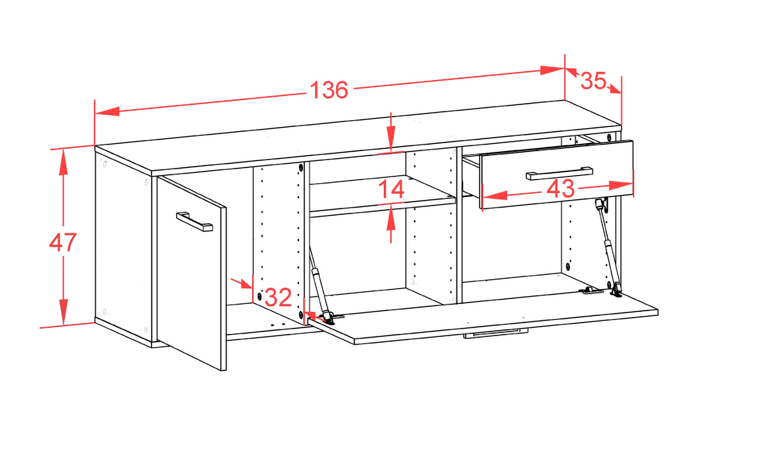 Lowboard - Amila - Design Farbakzent - Wandmontage mit Griffe 136 cm Anthrazit