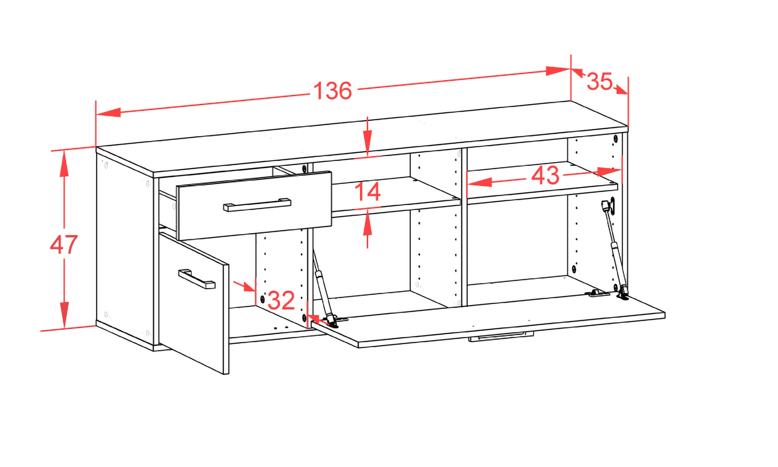 Lowboard - Amisa - Design Holzdekor - Wandmontage mit Griffe 136 cm Anthrazit