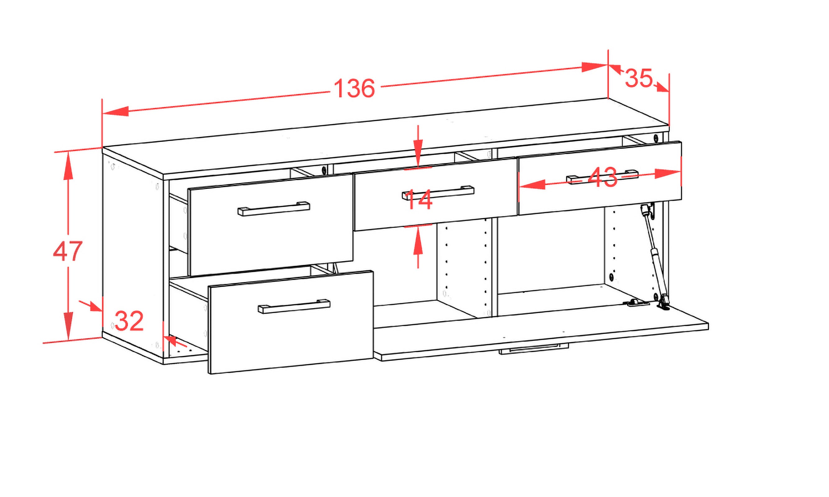 Lowboard - Anais - Design Holzdekor - Wandmontage mit Griffe 136 cm Weiss