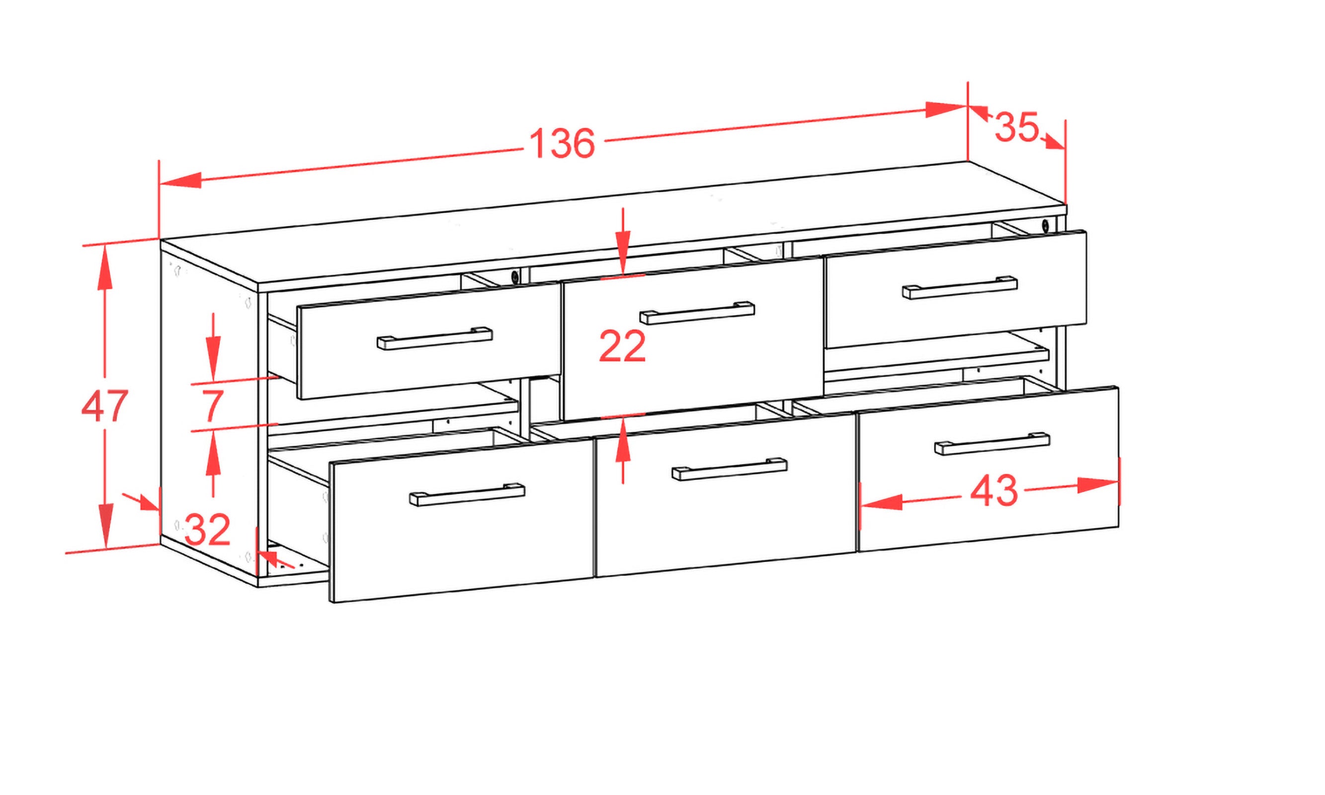 Lowboard - Andrea - Design Farbakzent - Wandmontage mit Griffe 136 cm Weiss